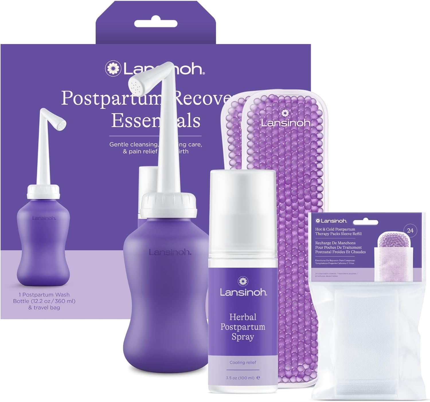Lansinoh Bounce Back Postpartum Bundle, 16-Piece Gift Set with Peri Bottle, Herbal Perineal Spray, Reusable Perineal Ice Packs and Sleeves, Postpartum Essentials for New Moms