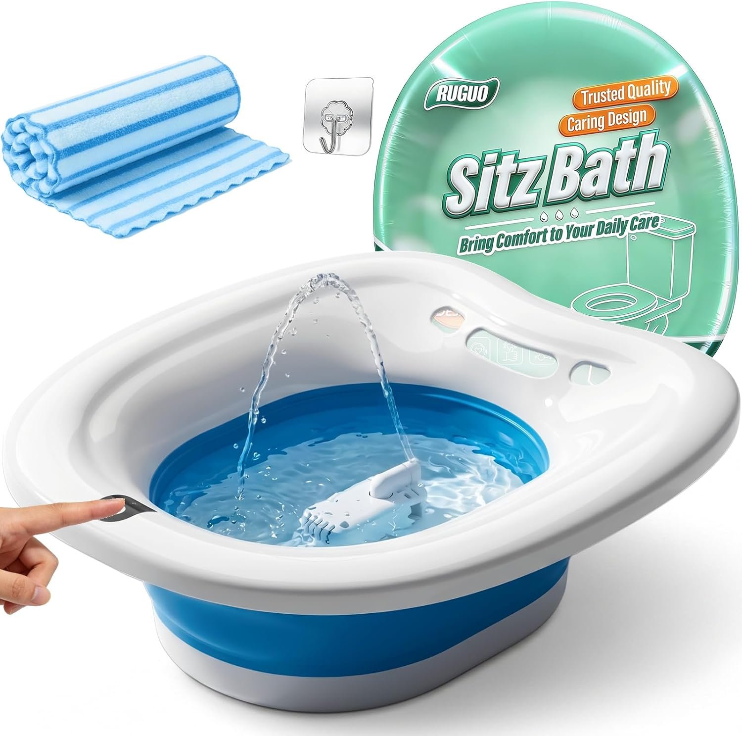 RUGUO Electric Sitz Bath for Toilet Seat, Unisex Sitz Bath Soak Tub, Sits Bath Kit for Women, for Soothes Hemorrhoids & Postpartum Care, Automatic Flushing – Blue