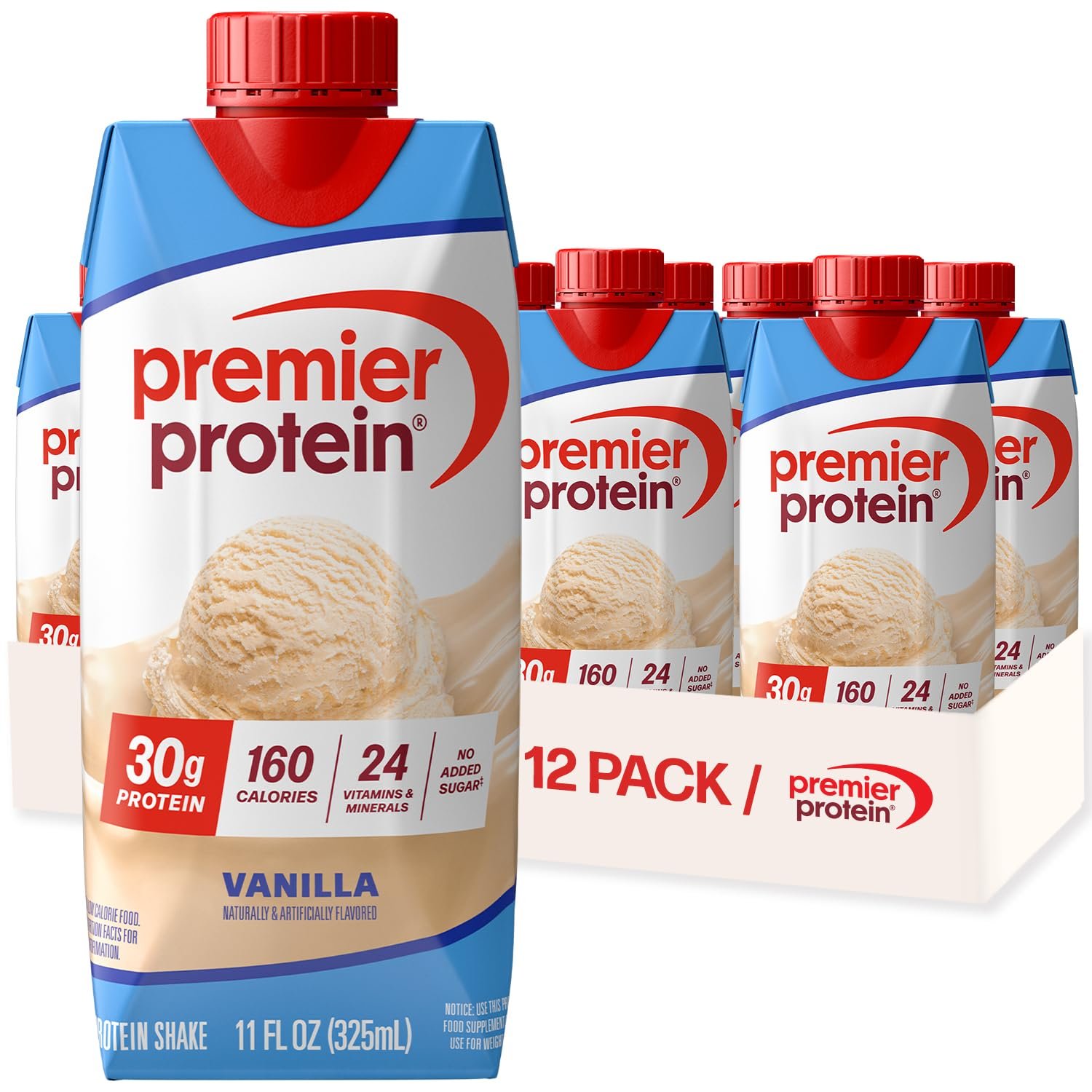 Premier Protein Shake, Vanilla, 30g Protein, No Added Sugar, 24 Vitamins & Minerals to Support Immune Health, 11 fl oz, 12 Pack