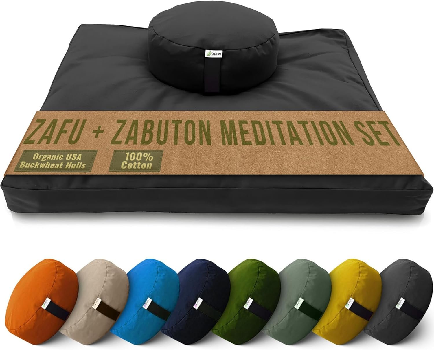 Bean Products Meditation Cushion Mat Set – Zafu Floor Pillow Organic Buckwheat Pillow + Cotton Filled Zabuton Prayer Pad – Meditation Pillow Yoga Knee Pad – Made in USA – 14″ Round or 18″ Oval