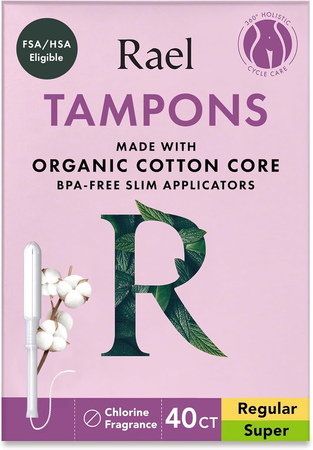 Rael Tampons, Slim Applicator with Organic Cotton Core, Multipack, Regular and Super Absorbency, BPA-Free, Leak Locker Technology, Unscented, Chlorine-Free (40 Count, Bundle)