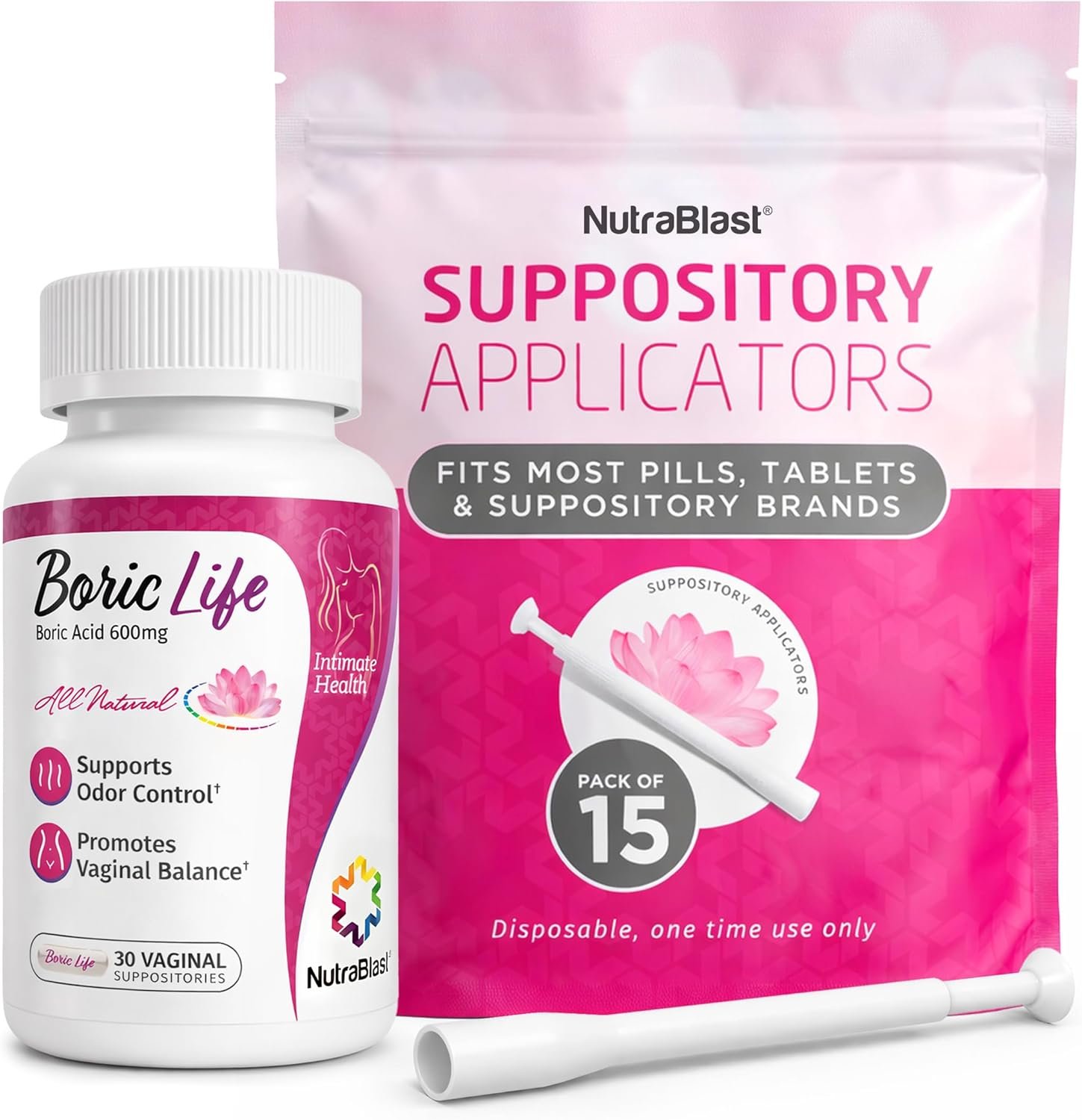 NutraBlast Boric Acid Suppositories 600mg Bundle with Applicator, 30 Suppositories & 15 Applicators – Feminine Care – Made in USA