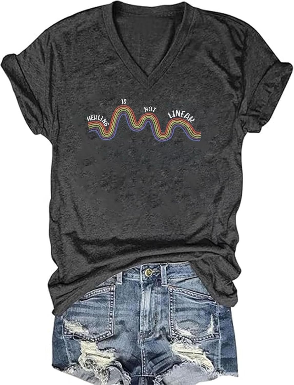 Funny V Neck T Shirt Women Mental Health Awareness Shirt Cute Letter Print Short Sleeve Shirt Tops