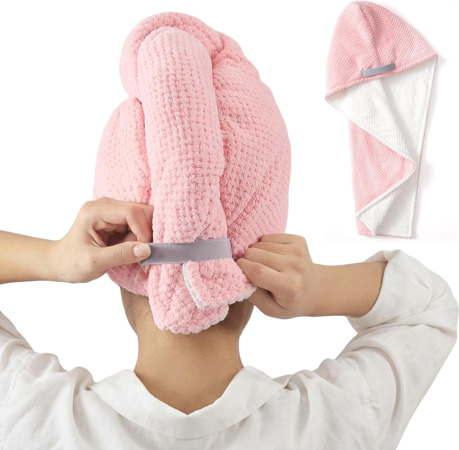 REDKISS Microfiber Hair Towel Wrap for Women, Double Sided Hair Towels with Elastic Strap, Super Absorbent Quick Dry Hair Drying Towel for Long, Thick, Curly Hair, Anti-Frizz Turban (Pink & White)