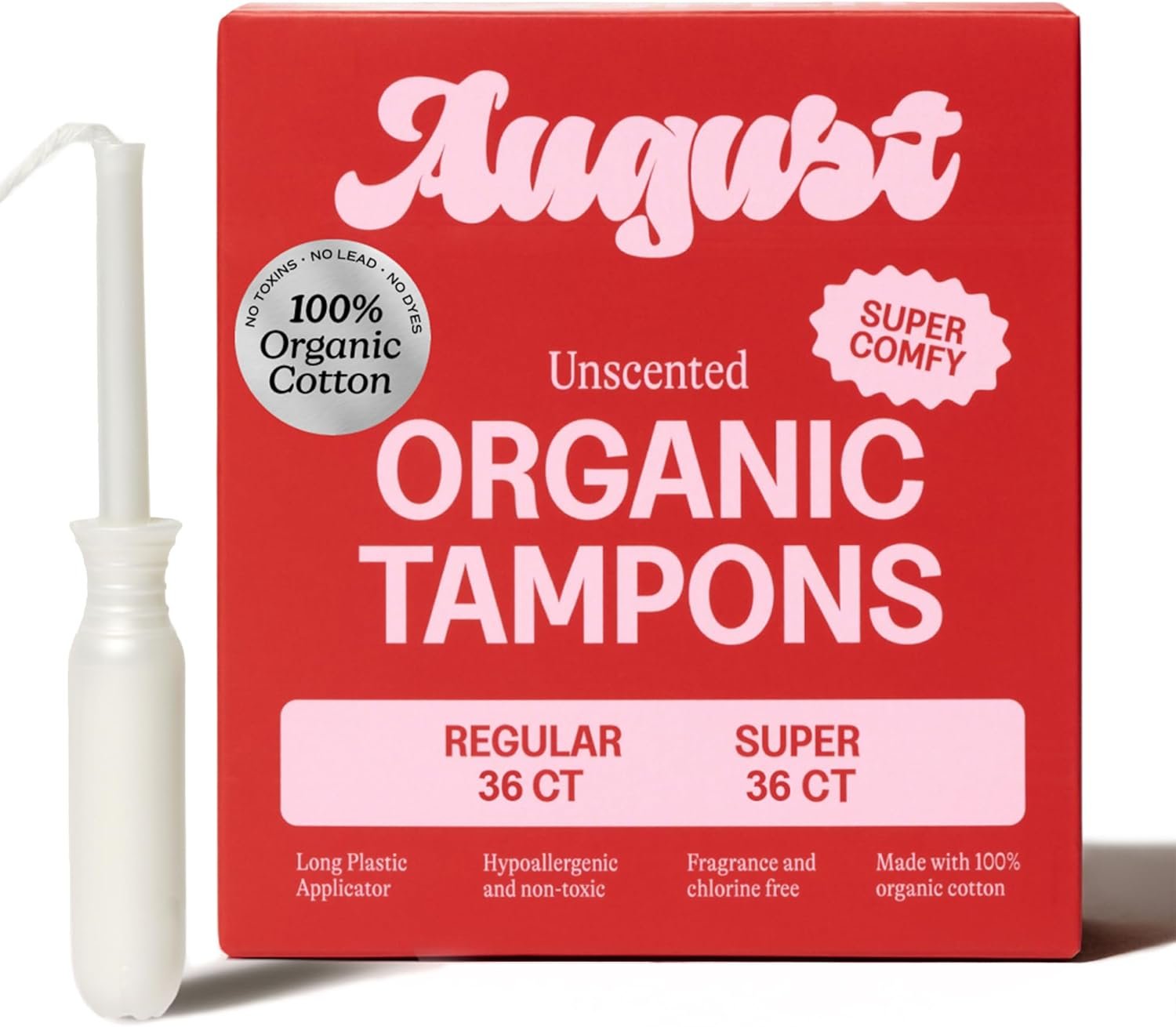 August Regular and Super Tampons – Easy-Glide Long Applicators – 72-Pack (36 + 36) 100% Organic Cotton Tampons for Women, Non-Toxic, Fragrance-Free, and Hypoallergenic
