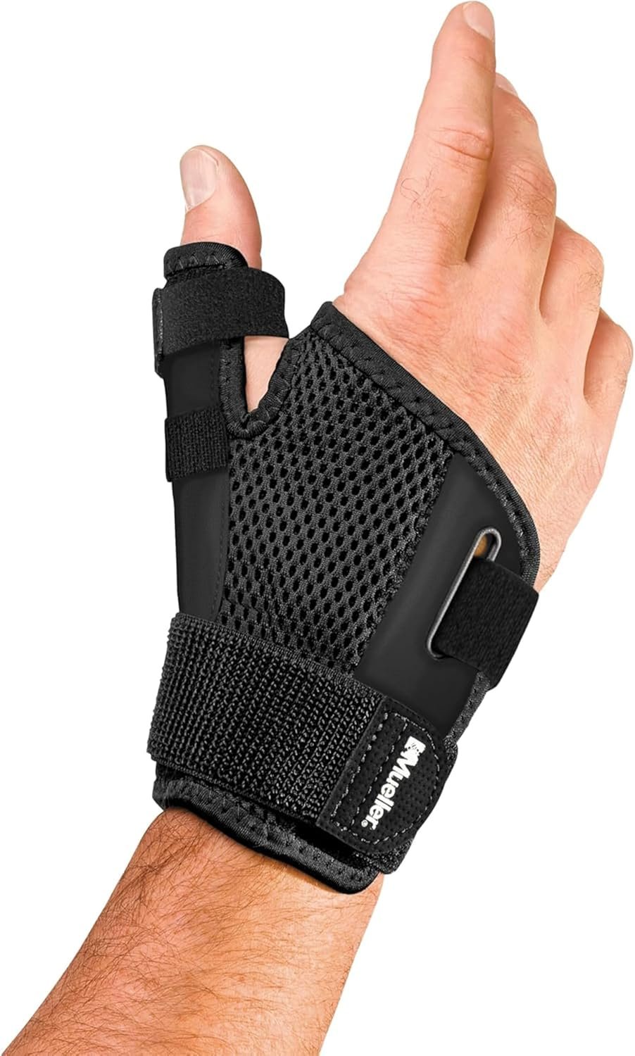 MUELLER Sports Medicine Adjust-to-Fit Thumb Brace, Spica Splint, Thumb Pain Relief Stabilizer for Men and Women, Ideal for De Quervain’s Tenosynovitis, Arthritis, Sprains, Fits Right or Left, Black, One Size