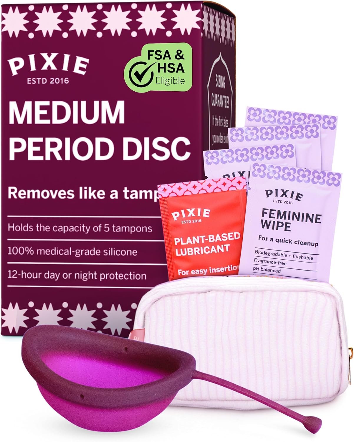 Pixie Menstrual Disc for Feminine Care – Ranked 1 for Best Tampon Alternative Period Disc – 100% Medical-Grade Silicone – Removes Like a Tampon – Wear 12 Hours – Capacity of 5 Tampons (Plum, Medium)