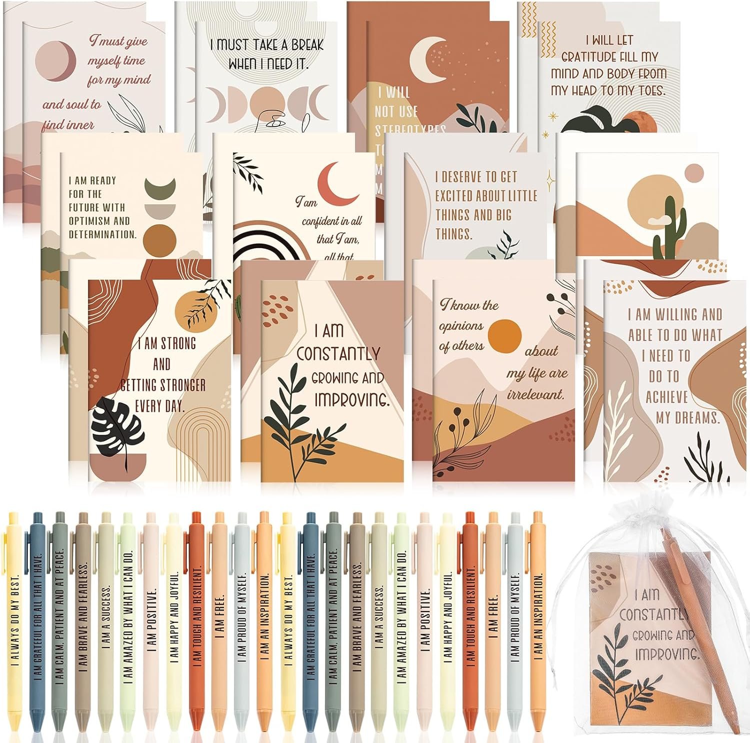 Mooliwe 24 Set/48 Pcs Positive Affirmation Gift Set Gratitude Notebooks with Pens Small Bags Motivational Encouragement Notepads Daily Affirmations Journal for Women Stress Relief Self Care (Rainbow)