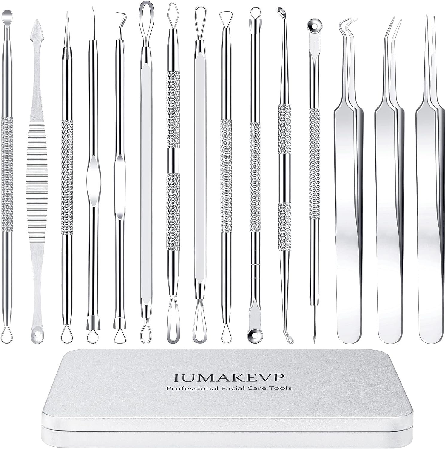 Pimple Popper Tool Kit, IUMAKEVP 15 PCS Professional Stainless Steel Blackhead Remover Comedone Extractor Tools for Removing Zit on Face – Acne Removal Kit with Metal Case (Silver)