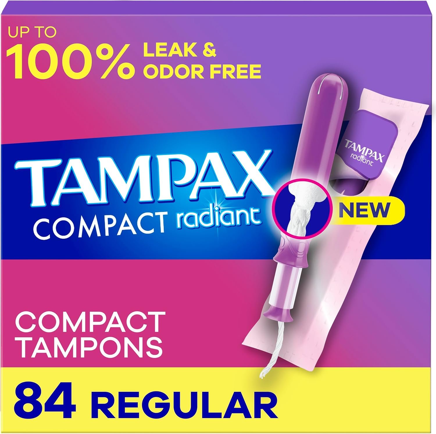 Tampax Pocket Radiant Compact Plastic Tampons, with LeakGuard Braid, Regular Absorbency, Unscented, Pack of 3 (28 count each pack)