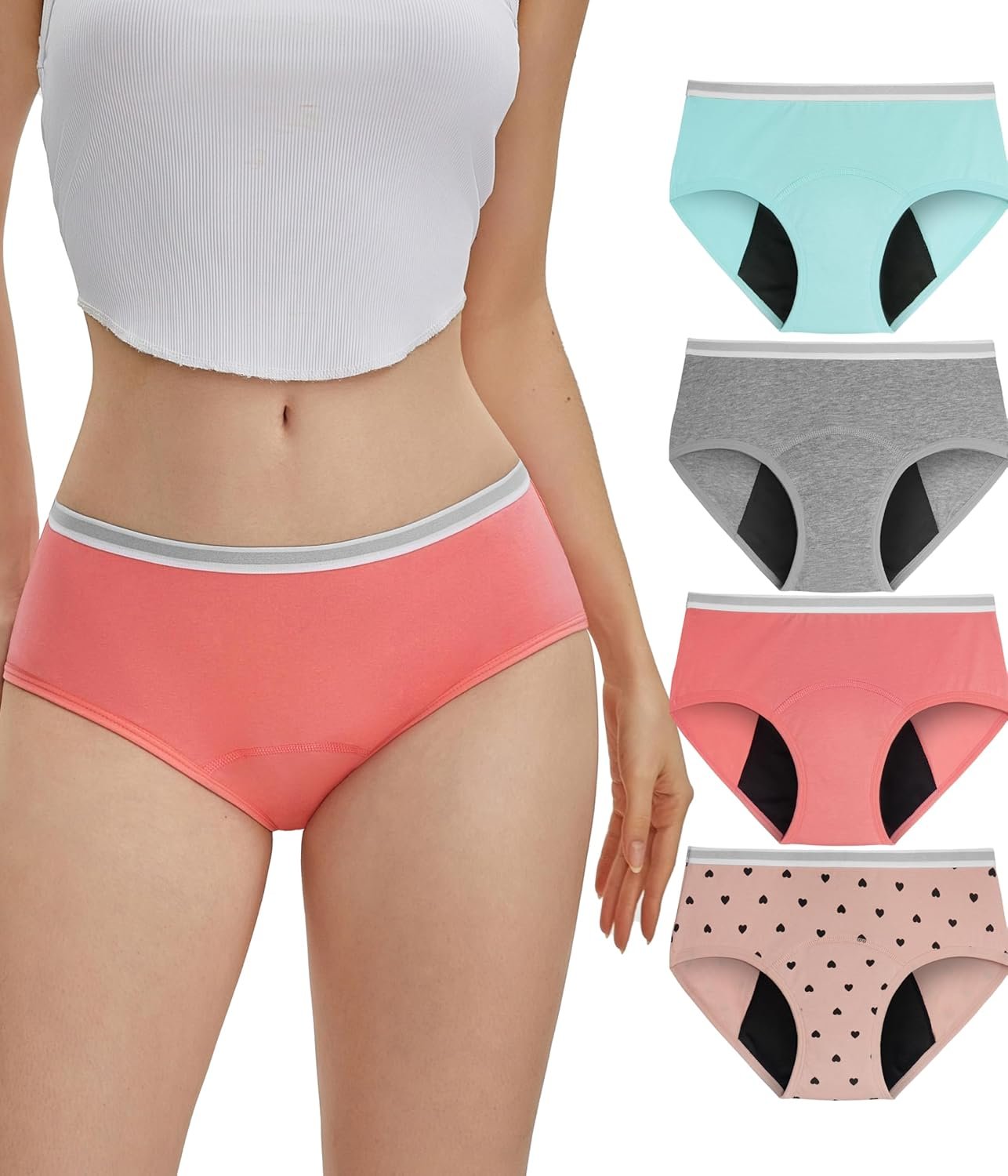 YESWEL Teen Girls Period Underwear, Menstrual Leak-Proof Heavy Flow Absorbency Washable Protective Cotton Panties 4 Pack