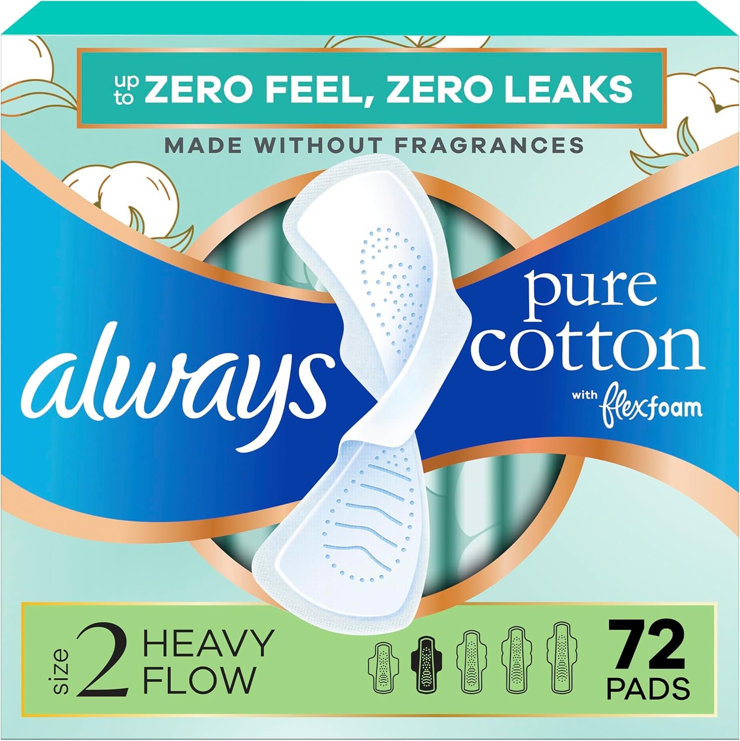 Always Pure Cotton Feminine Pads for Women, FlexFoam Pads with Wings, Size 2, Heavy Absorbency, Unscented, 72 Count (3 Packs of 24)
