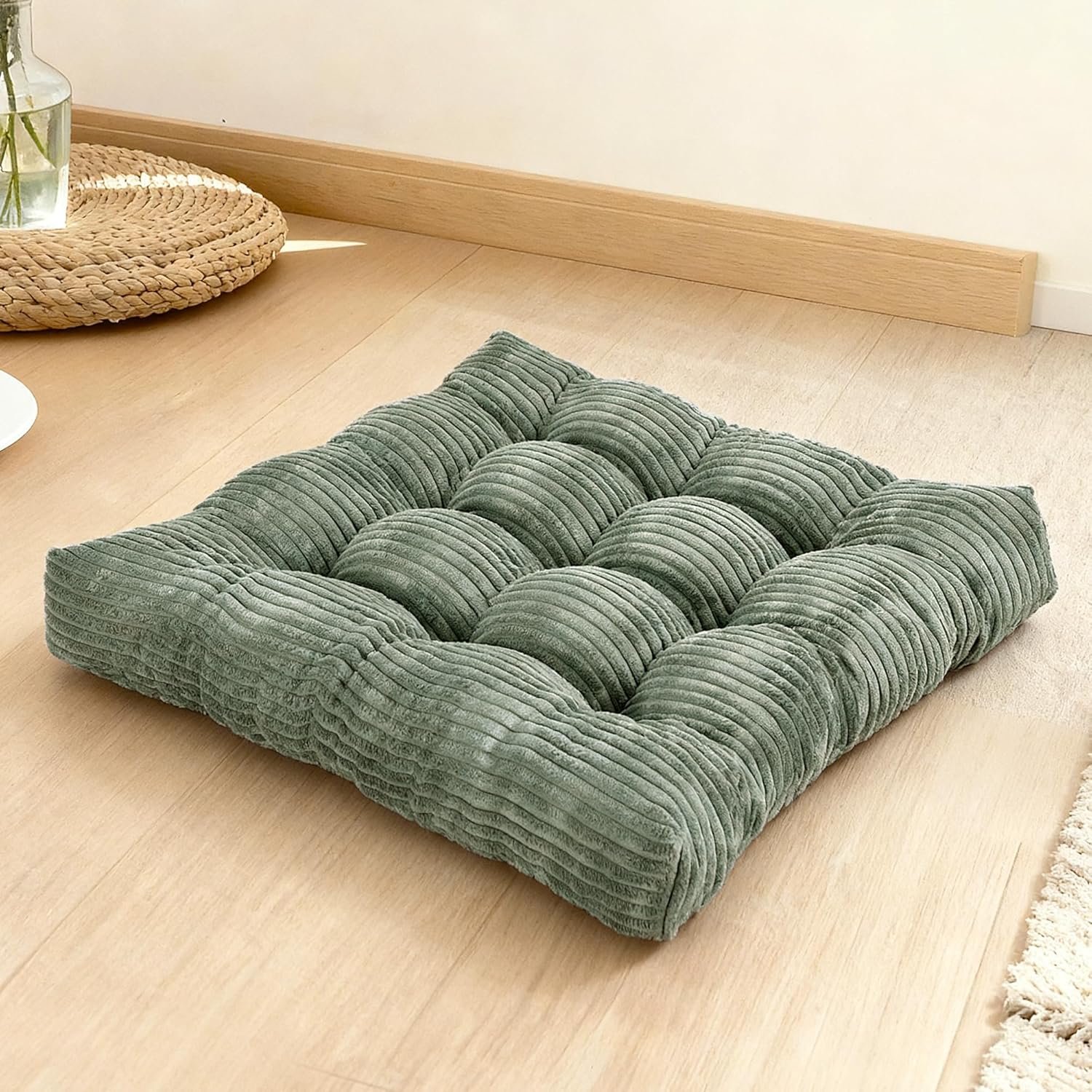 Meditation Floor Pillow Set,Memory Foam Meditation Cushion for Adults Sitting, Large Square Thickened Seat Cushions for Yoga, Tatami Living Room (1, Dark Green)