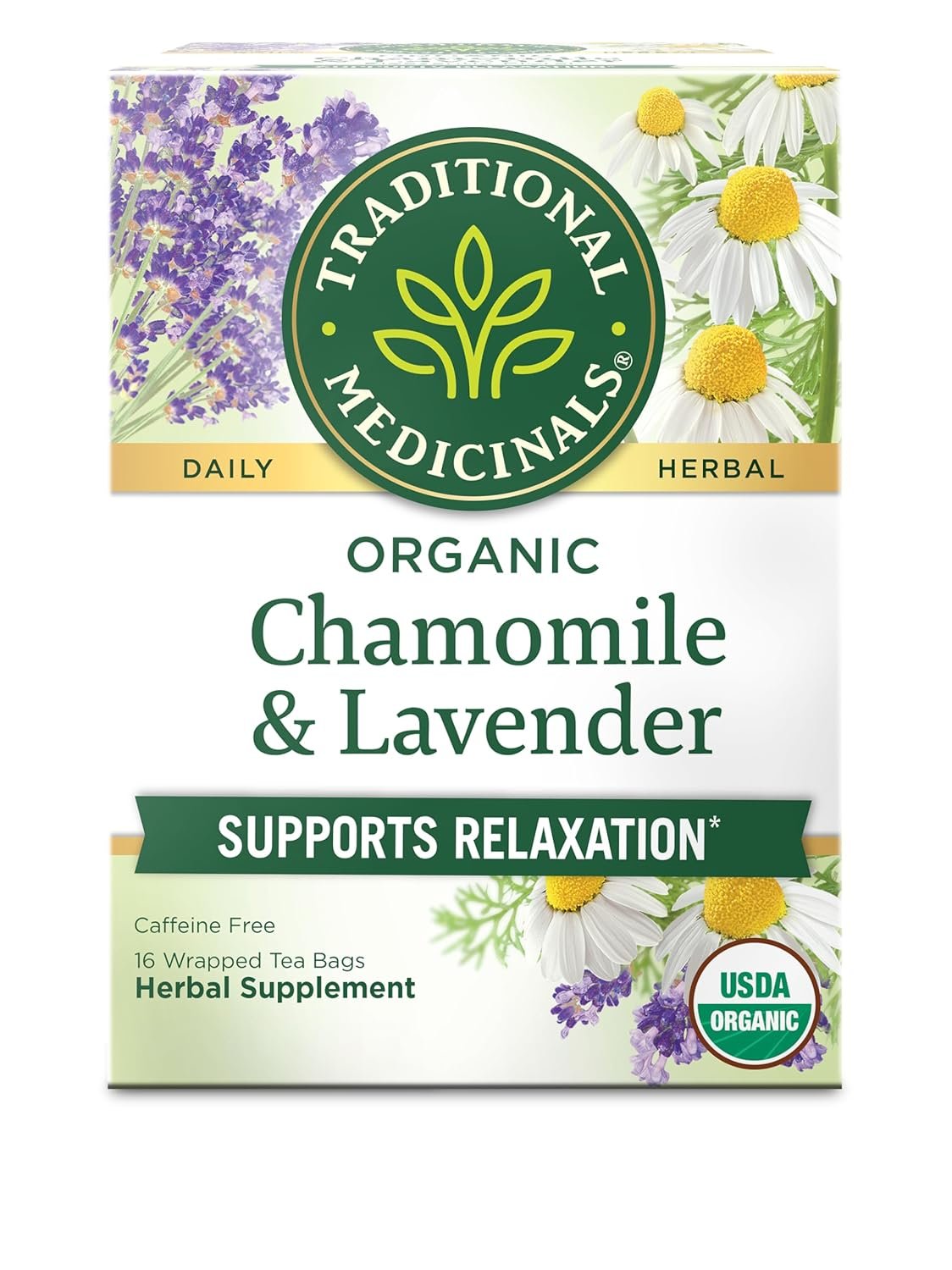Traditional Medicinals Organic, Chamomile & Lavender – Chamomile Tea Supporting Stress Relief and Relaxation – Kosher, Non-GMO, Caffeine-Free, Compostable – 16 Tea Bags