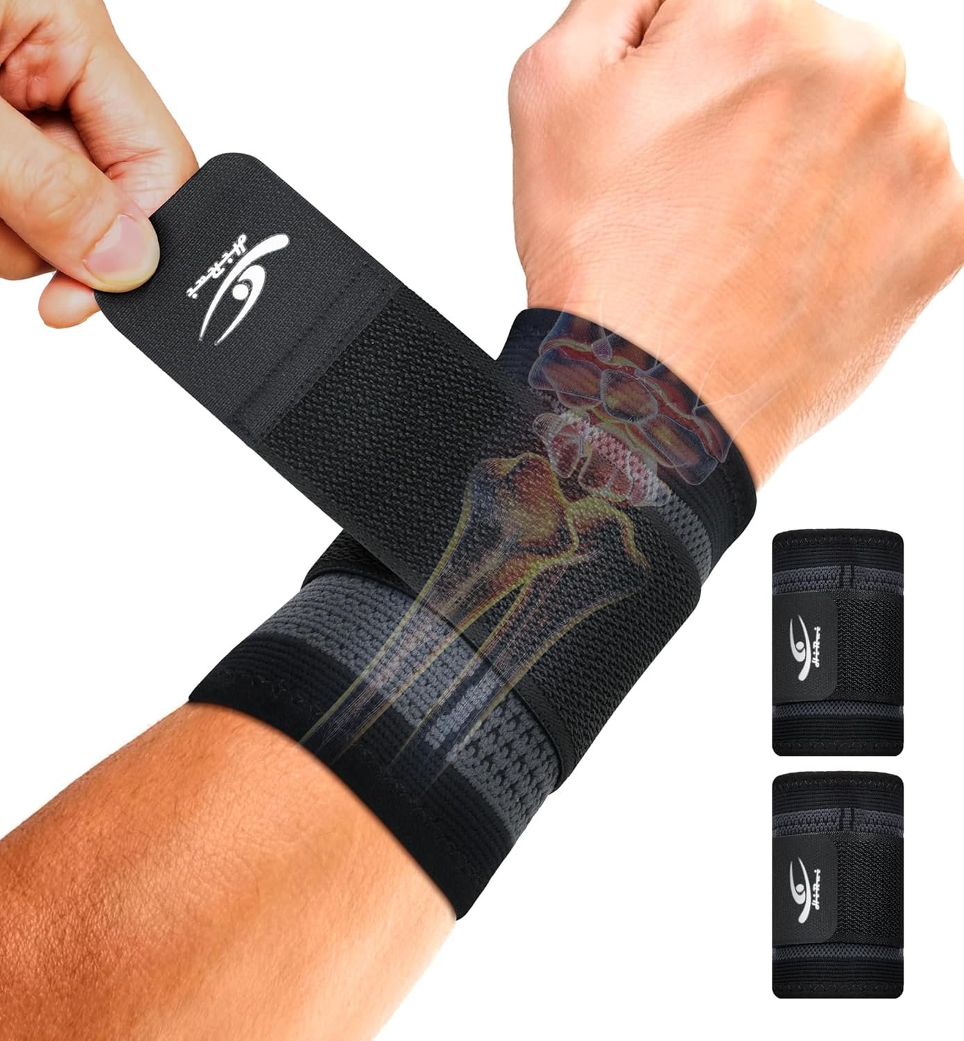 HiRui Wrist Brace/Wraps Wrist Compression Strap and Support for Work Fitness Weightlifting Sprains Tendonitis, Carpal Tunnel Arthritis, Pain Relief, Adjustable Wristbands 2 PACK (Black, M)