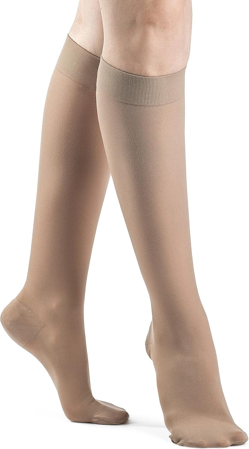 DYNAVEN by Sigvaris Women’s Compression Calf-High Socks 20-30mmHg Weight – Closed Toe Design for Everyday Support – Medium Long – Light Beige