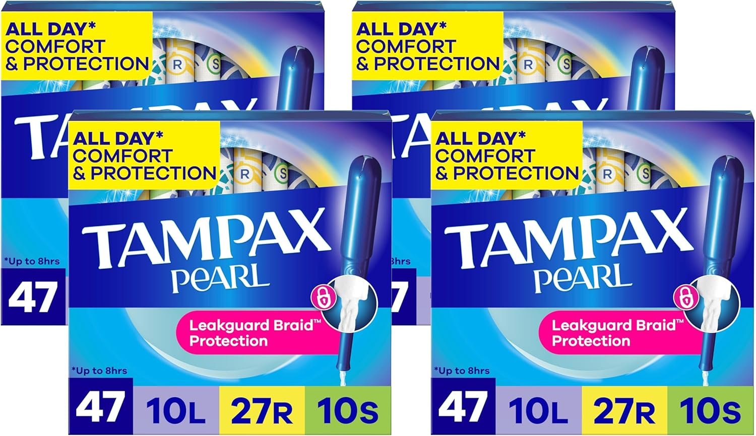 Tampax Pearl Tampons for Women Multipack, with LeakGuard Braid, Light/Regular/Super Absorbency, Unscented, 47 Count (Pack of 4)
