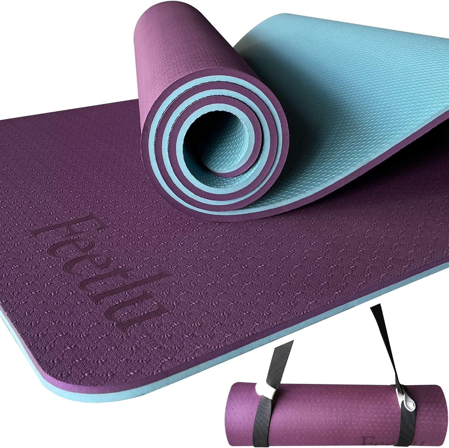 Yoga Mat with Strap – 10mm Thick Yoga Mat, Non-Skid Dual Surface Workout Mat, Eco-Friendly POE Yoga Mats for Women Men Kids, Perfect Exercise Mat for Pilates, Yoga, and Floor Workouts, Includes Carrying Strap.
