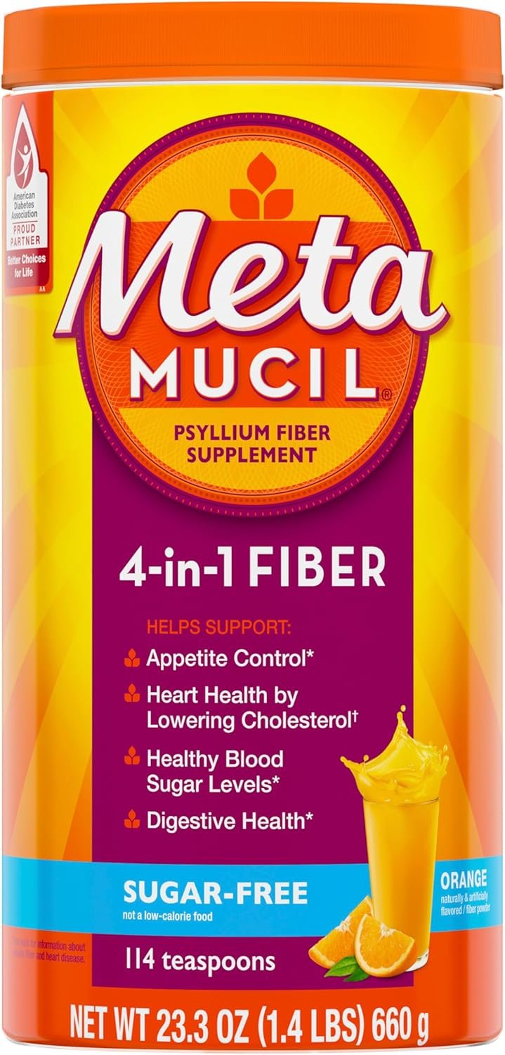 Metamucil 4-in-1 Psyllium Husk GLP-1 Friendly Fiber Supplement, Sugar-Free, 114 teaspoons, Orange Flavored, Daily Fiber Powder for Digestive Health, made with Plant-Based Psyllium Husk Fiber