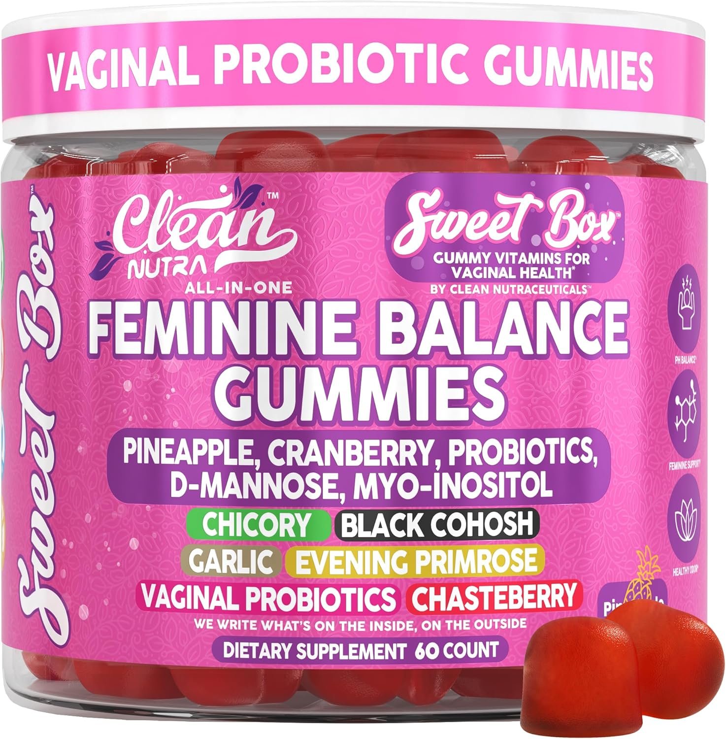Clean Nutra Feminine Balance Gummies for Women Pineapple VaginalProbiotics pH Balance Cranberry D Mannose Supplement Inositol Black Cohosh Evening Primrose Garlic Vitex GLA Prebiotics Folate 60ct