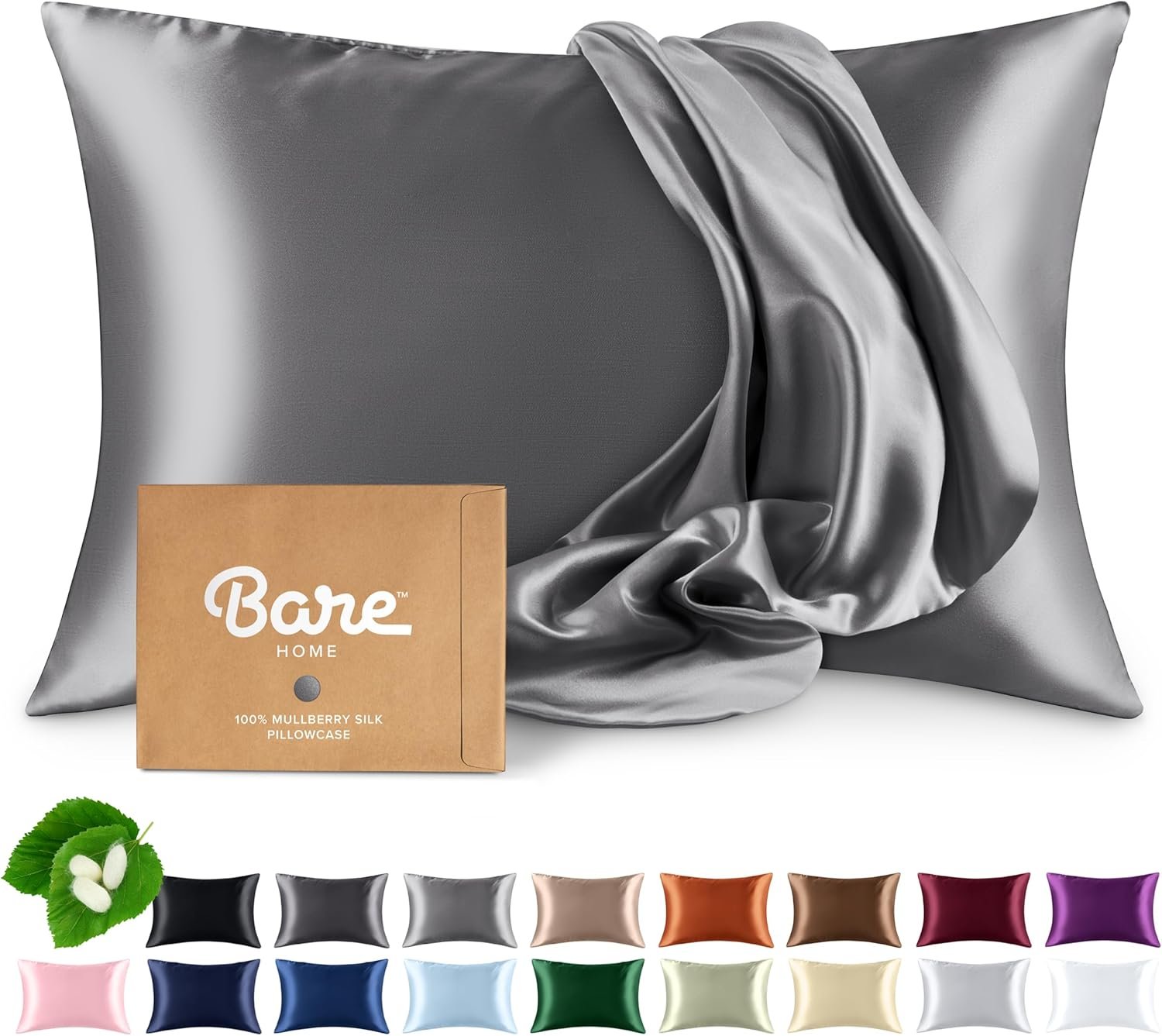 Bare Home 100% Mulberry Silk Pillowcase for Hair and Skin – Ultra Premium 6A Grade 19 Momme Silk Pillow Case – Envelope Enclosure – Breathable Cooling Pillow Cover (Standard, Grey)