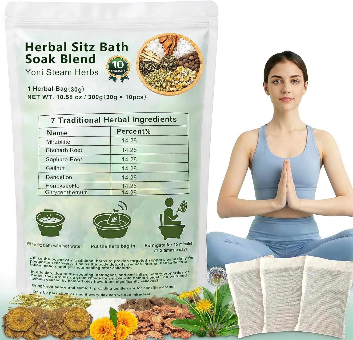10 Pack Yoni Steam Herbs, Sitz Bath Soak Powder with Honeysuckle, Dandelion, Chrysanthemum, Suitable for Postpartum Recovery, Perineal Comfort, Herbal Blend for External Use, Yoni Steamer for Women