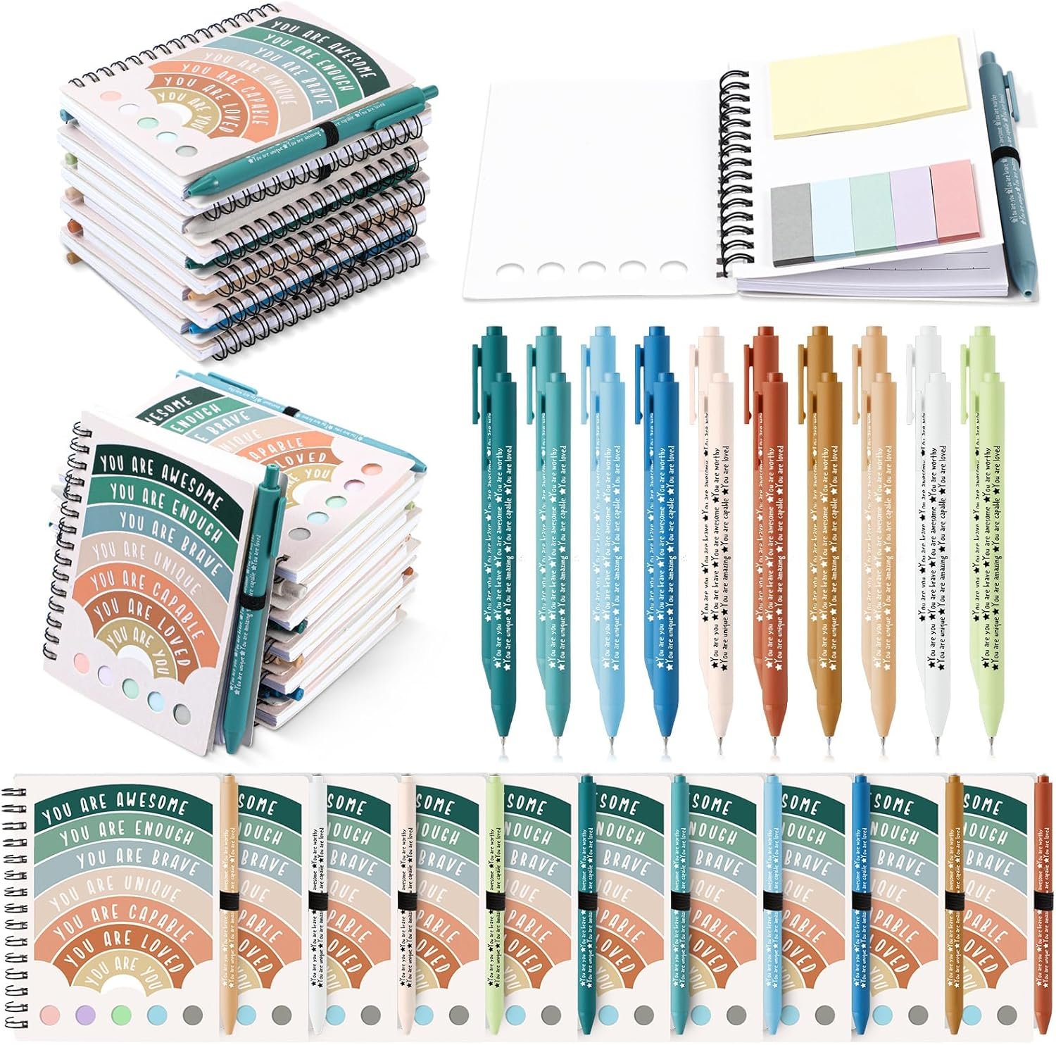 Janlaugh 40 Pcs Mental Health Gifts for Women Men Self Care Items Bulk Include 20 Mental Health Notebooks with Sticky Note 20 Positive Pens Affirmation Journals Wellness Gifts for Coworker Student