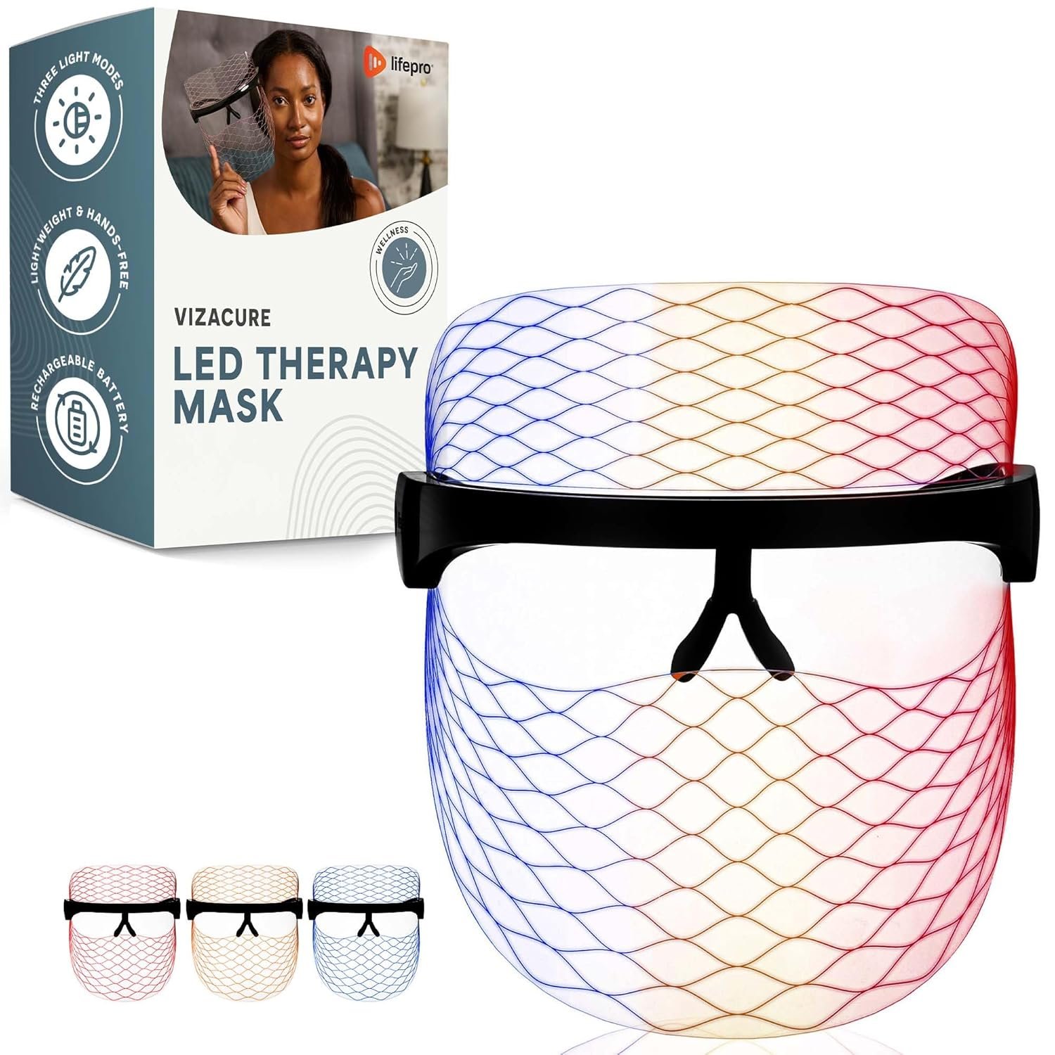 LifePro – Red Light Therapy for Face – LED Face Mask Light Therapy with Red and Blue Modes – Vizacure Rechargeable, Portable Skincare Mask for At-Home Use