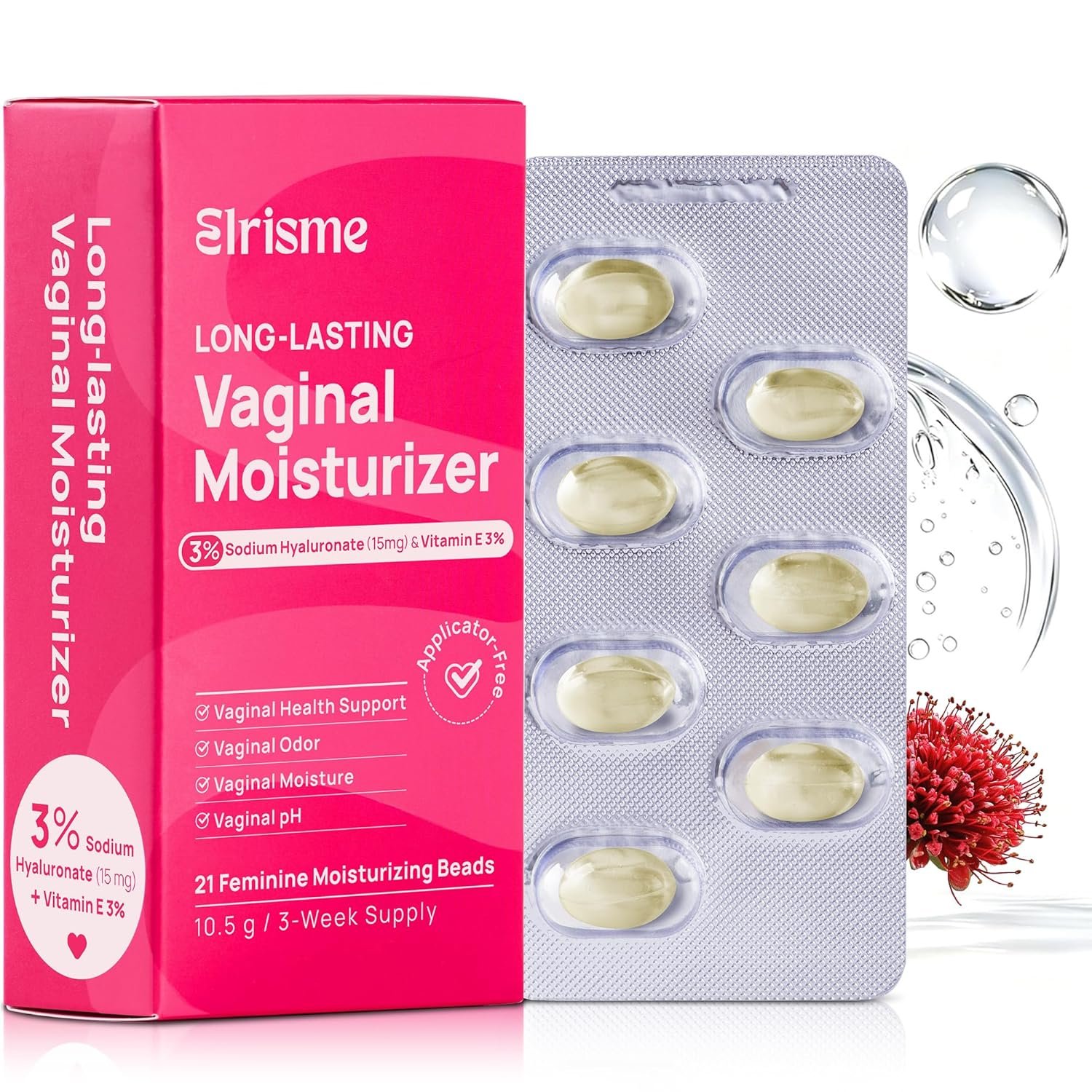 Long Lasting Vaginal Moisturizer for Women, 15mg Hyaluronic Acid with 3% Vitamin E, Vaginal Dryness Relief, Balances pH, Feminine Moisturizer for Discomfort & Odor Control, 21 Count