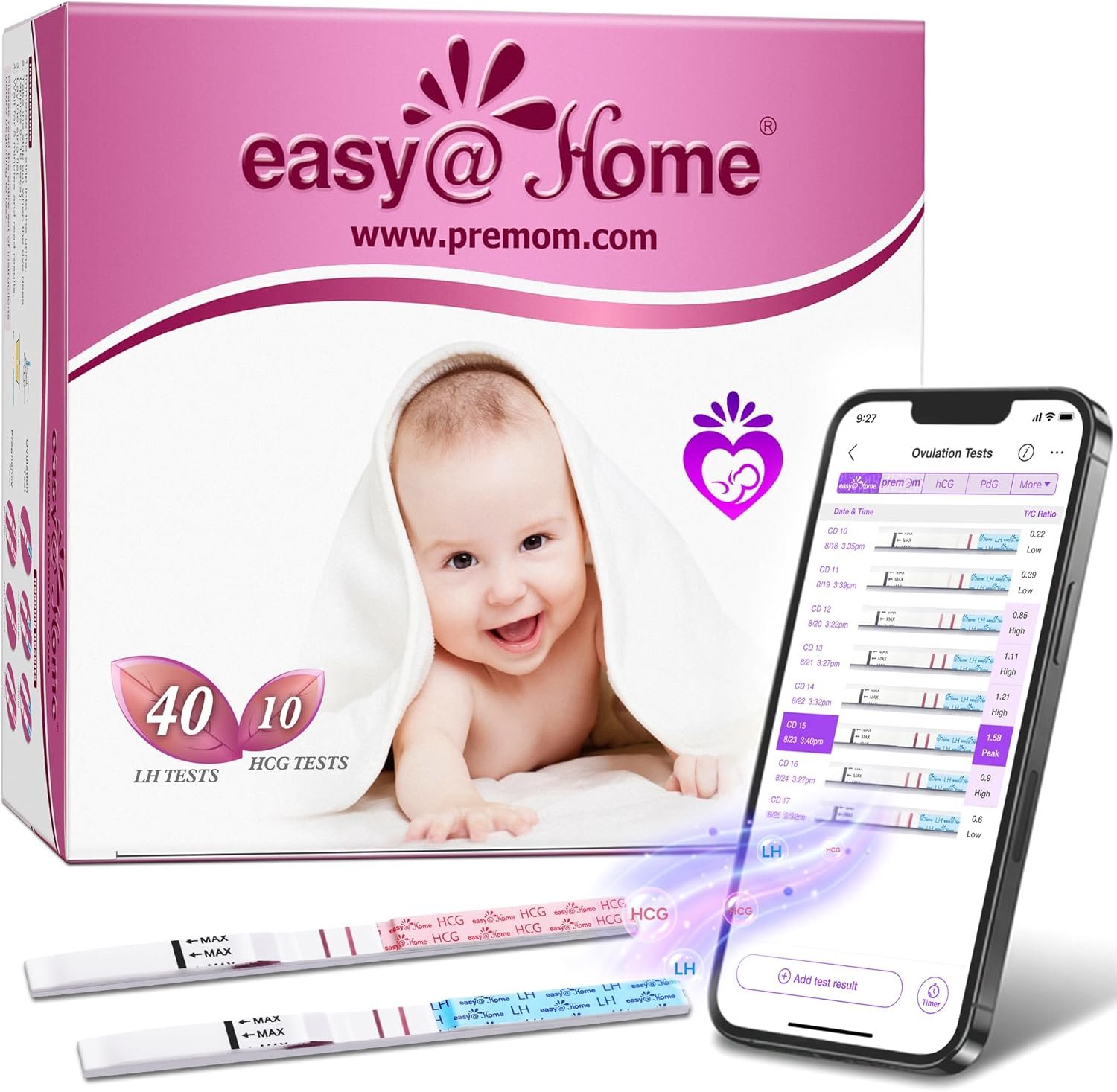 Easy@Home Ovulation Test Strips Powered by Premom Ovulation Predictor APP, FSA Eligible, 40 Ovulation Test and 10 Pregnancy Test Strips, 40LH +10HCG | Package May Vary