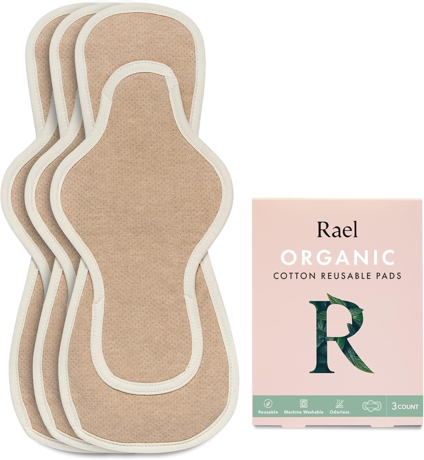 Rael Reusable Pads, Organic Cotton Cover Pad – Postpartum and Period Essential, Heavy Absorbency, Thin Cloth, Leak-Free, Washing Machine Safe (3 Count, Overnight)