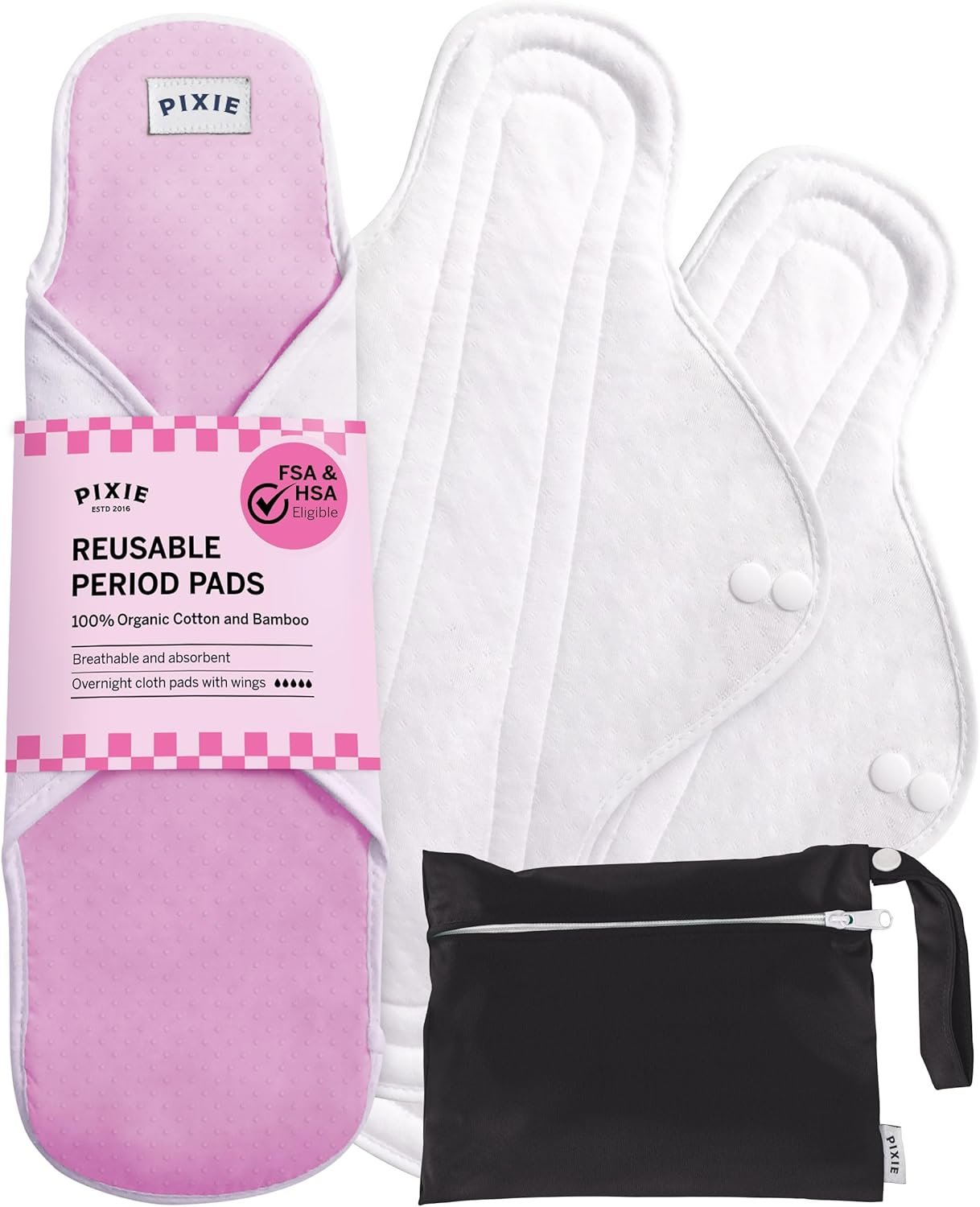 Pixie Cotton Cloth Pads for Feminine Care – 100% Organic Reusable Pads – Ranked 1 for Softest Menstrual Sanitary Napkins – Machine Washable & Includes Free Wet Bag – Menstrual Liner (Overnight)