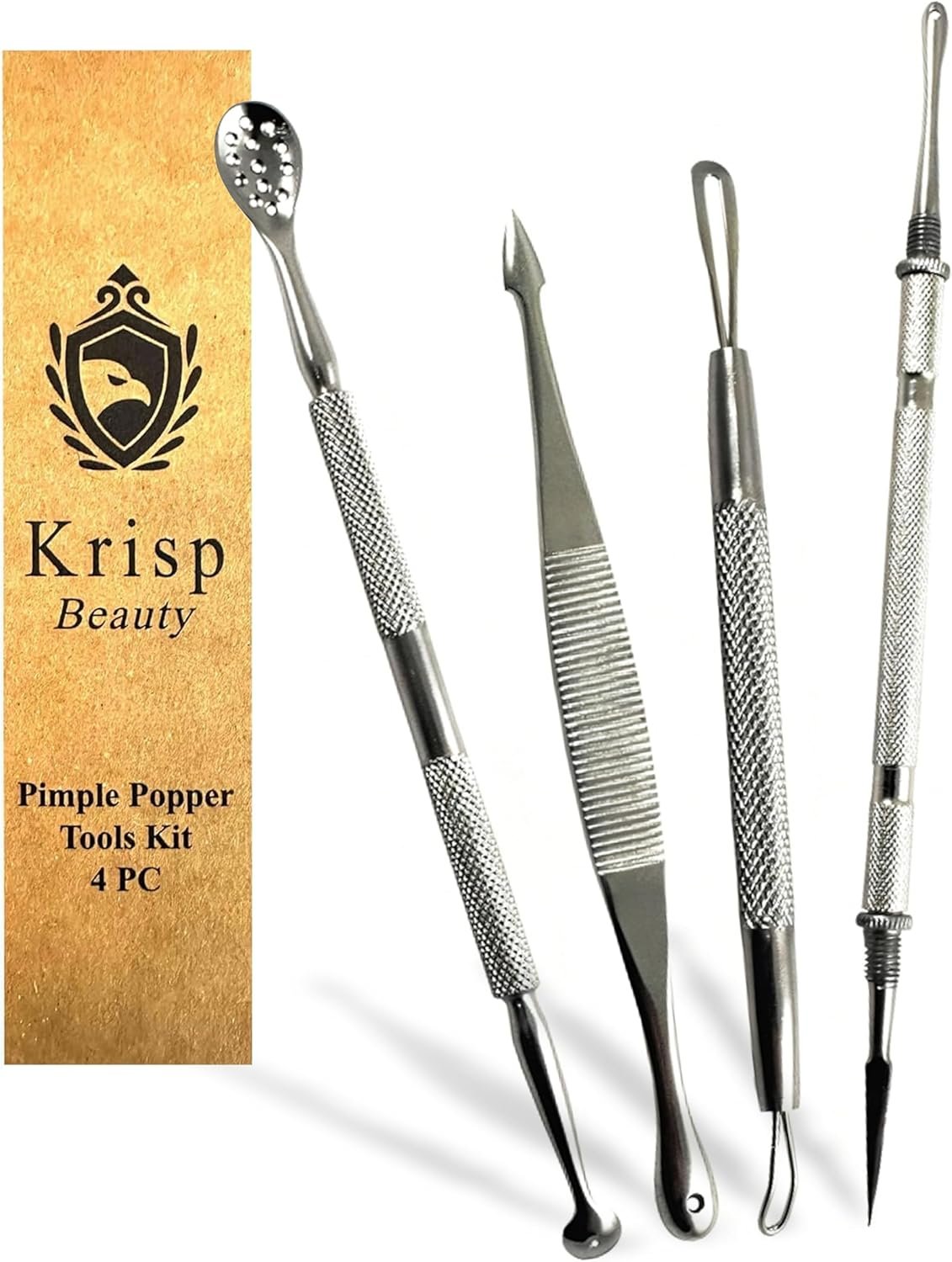 Blackhead Remover Extractor Pimple Popper Tools – Comedone Acne Zit Cleaner Kit for Nose Facial Pore Press Tool for Face Blemish Whitehead Popping Extractors, Stainless Steel 4 Pc Set By Krisp Beauty