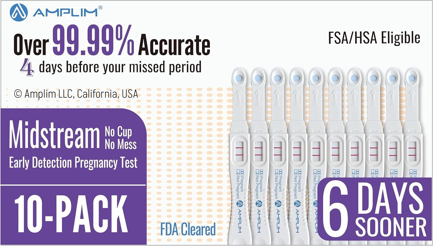 Midstream Pregnancy Test Stick, HCG Early Detection 6-Days Sooner, Extra Sensitive 10 MIU/mL 99.99% Accurate Result, 2-Sec Easy Home Tests, 10 Pack
