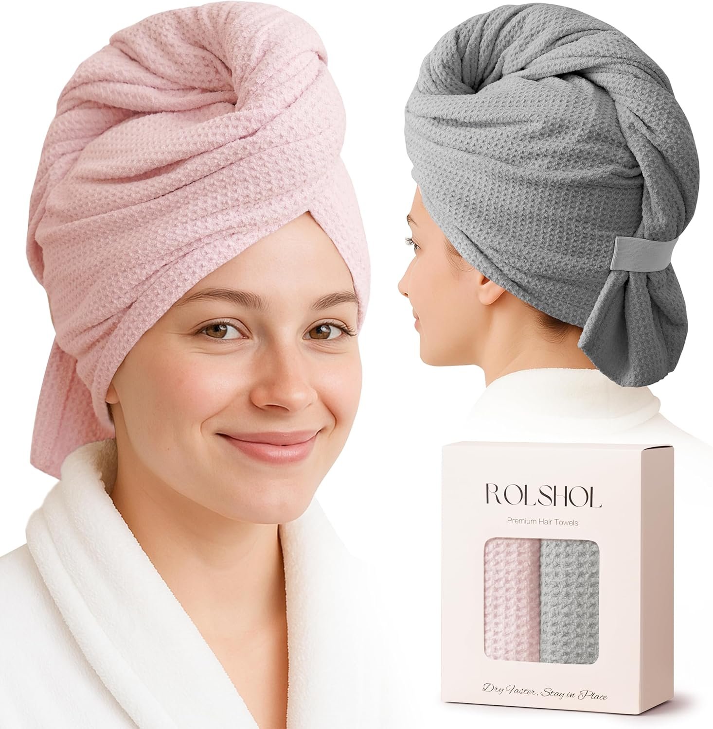 ROLSHOL 2 Pack Microfiber Hair Towel Wrap for Women, 32″ x 11″ Waffle Weave Hair Plopping Towel for Curly, Long & Thick Hair, Anti-Frizz Hair Turbans for Wet Hair (Pink, Grey)