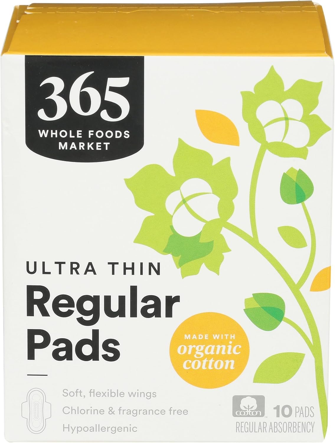 365 by Whole Foods Market, Ultra Thin Pads with Wings, Regular Absorbency, Made with Organic Cotton, 10 Count