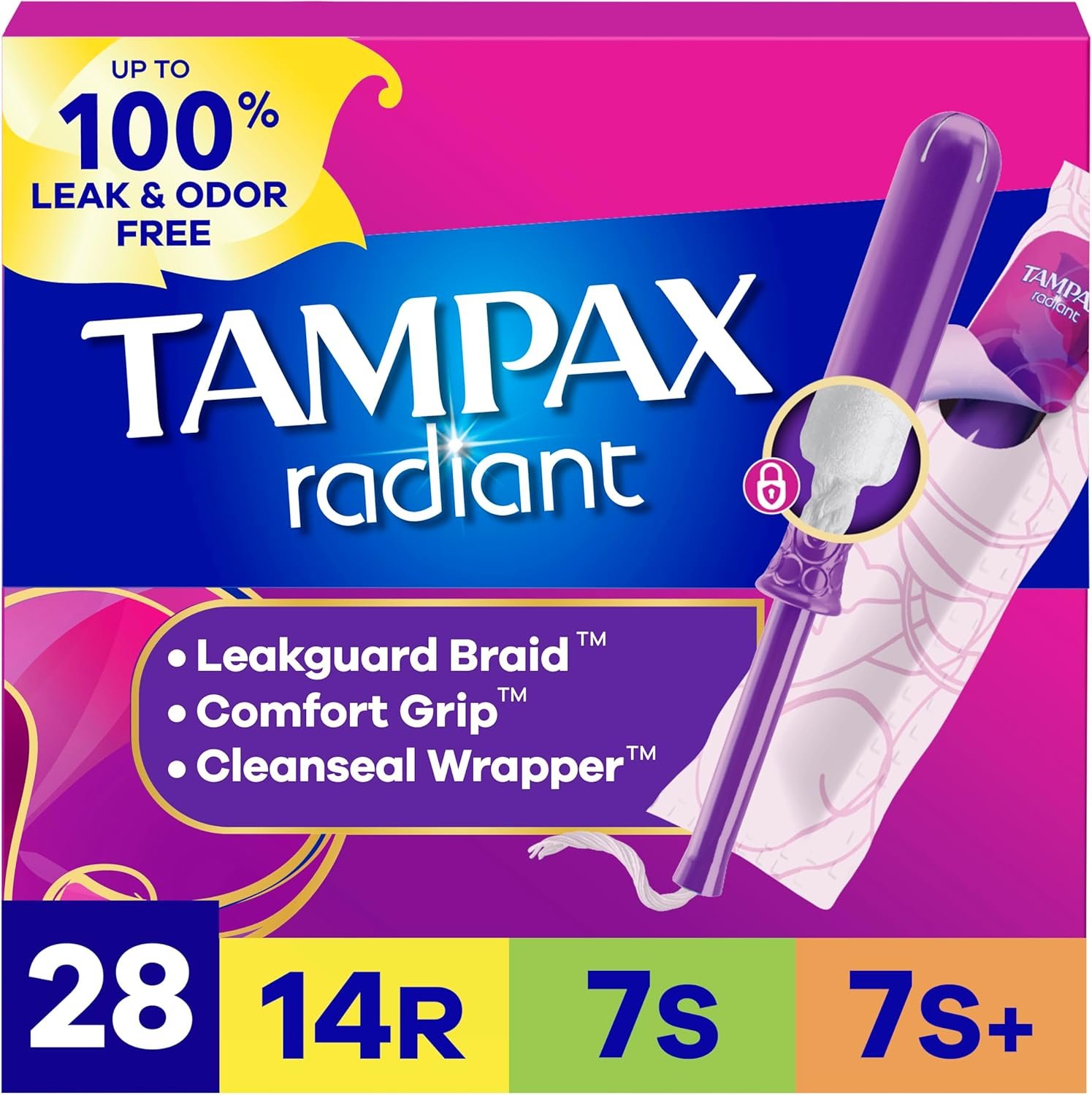 Tampax Radiant Tampons for Women Multipack, with LeakGuard Braid, Regular/Super/Super Plus Absorbency, Unscented, 28 Count, Packaging May Vary