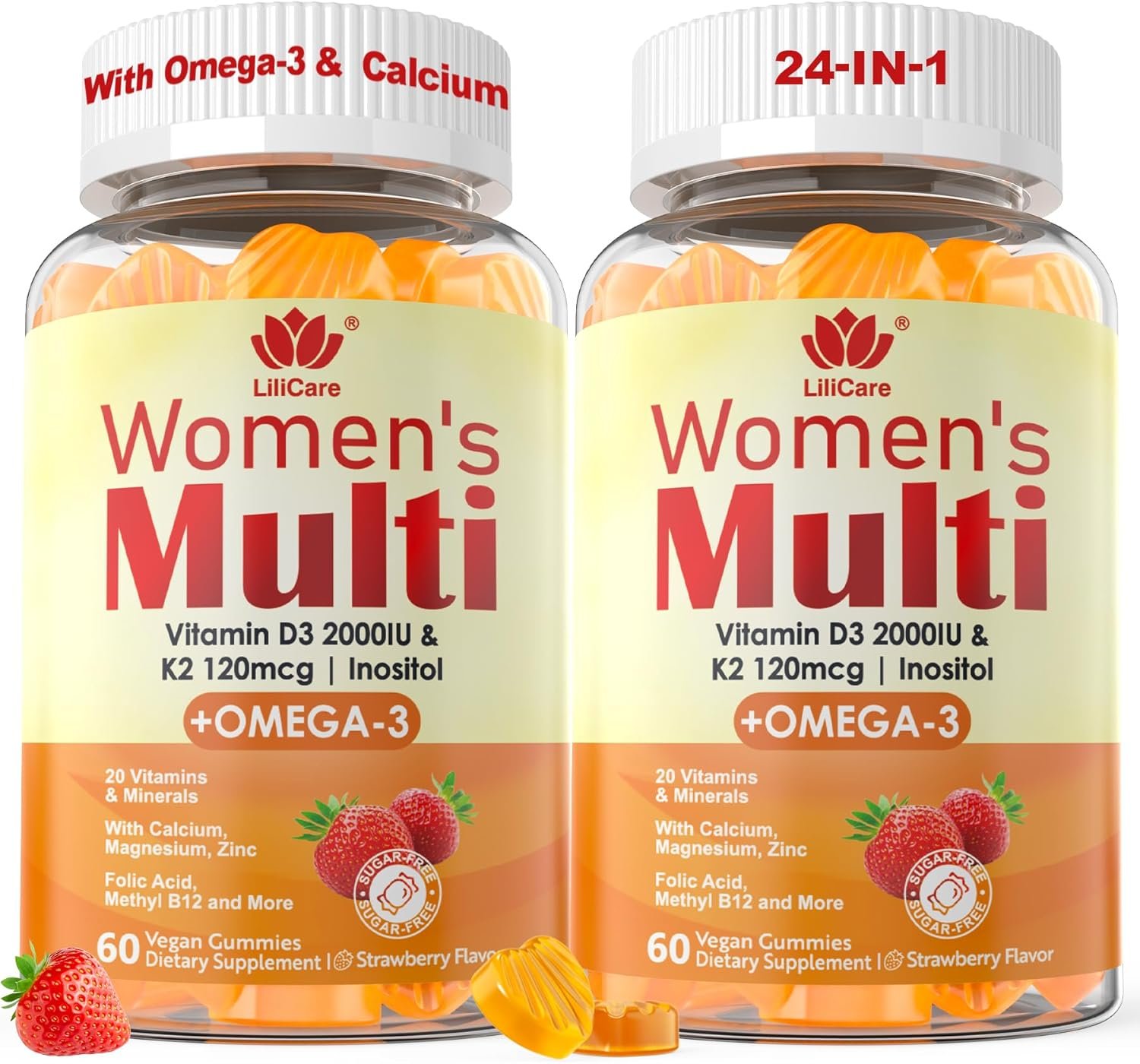 Womens Multivitamin Gummy, Methylated Multivitamin for Women w/Omega 3（DHA/EPA), Vitamin D3 K2, Calcium, Inositol, Daily Womens Vitamins A C E B Complex, L-MethylFolate, Methyl B12, Sugar Free, 120Cts