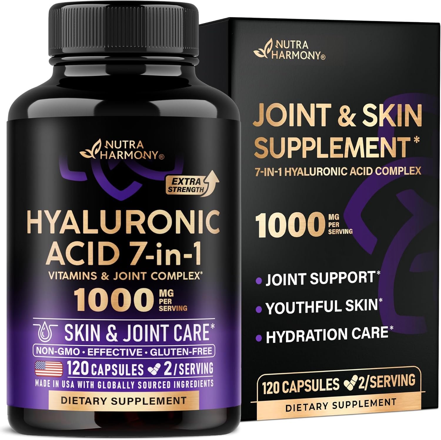 Hyaluronic Acid Supplements 1000 mg – Collagen | MSM | Boswellia | Vitamin D3, C & E – Hyaluronic Acid Capsules – Skin Hydratation & Joint Comfort Support – 7-in-1 Complex – Lab Tested – 120 Capsules