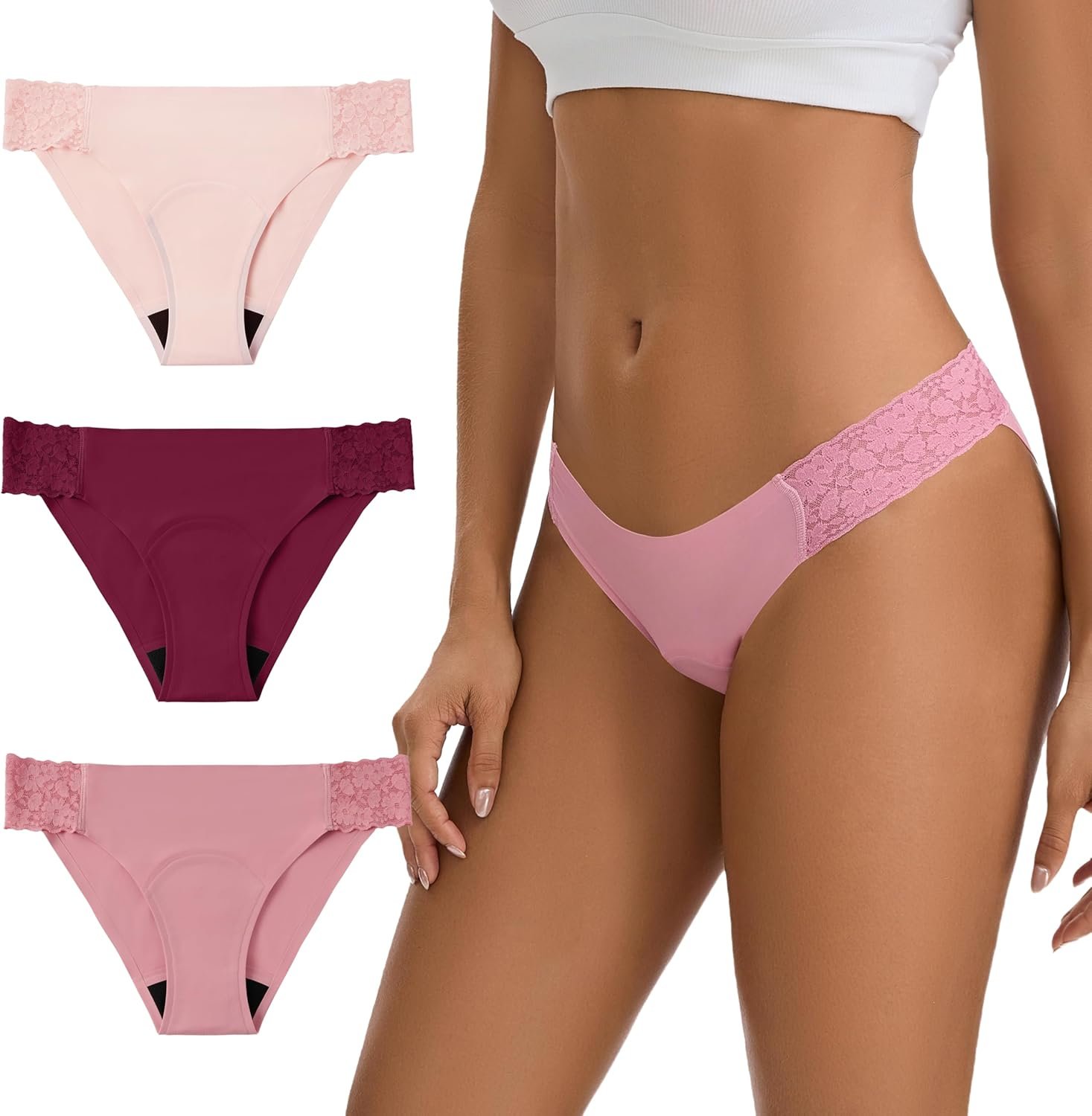 Women’s Period Underwear Seamless No Show Invisible Lace Leakproof Menstrual Bikini Panties 3-Pack