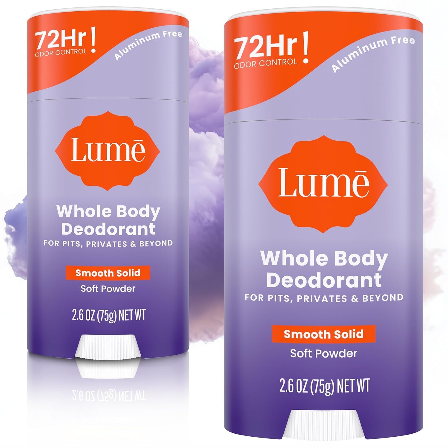 Lume Whole Body Deodorant – Smooth Solid Stick – 72 Hour Odor Control – Aluminum Free, Baking Soda Free and Skin Safe – 2.6 Ounce (Pack of 2) (Soft Powder)