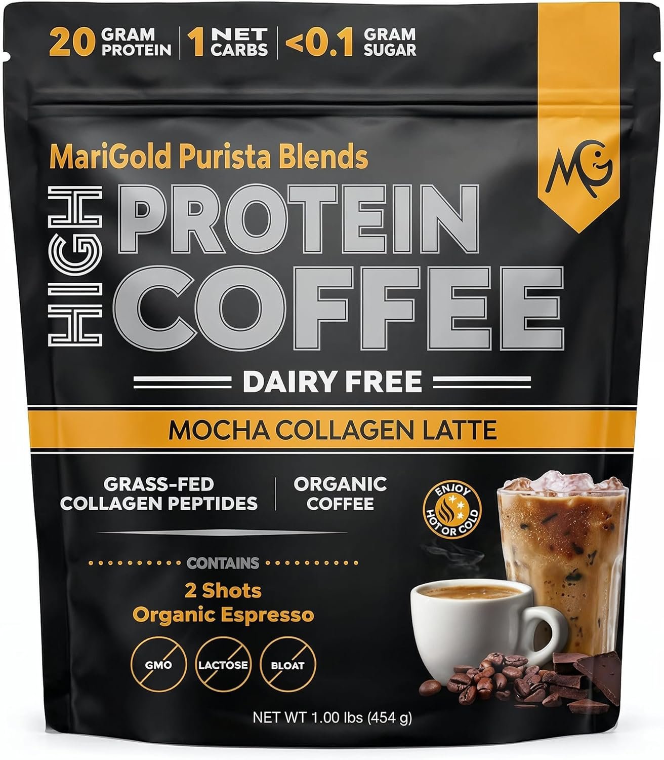 MariGold High Protein Collagen Coffee – Mocha Collagen Latte, Dairy Free, 20g Grass-Fed Type I & III Collagen Peptides, Energy Boost, 2 Shots Organic Espresso, Non-GMO, 1 Lb Bag, 15 Servings