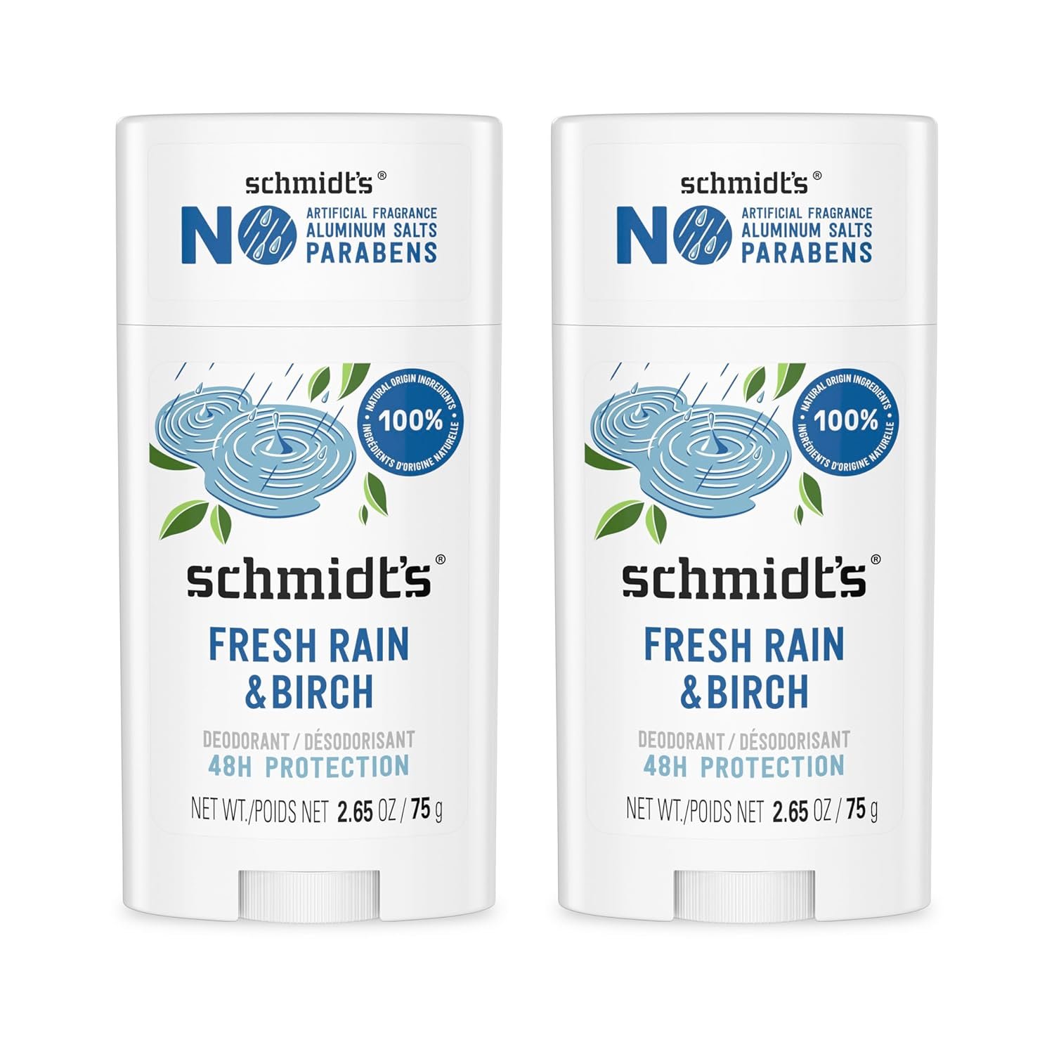 Schmidt’s Aluminum-Free Vegan Deodorant Fresh Rain & Birch with 24 Hour Odor Protection, 2 Count for Women and Men, Natural Ingredients, Cruelty-Free, 2.65 oz