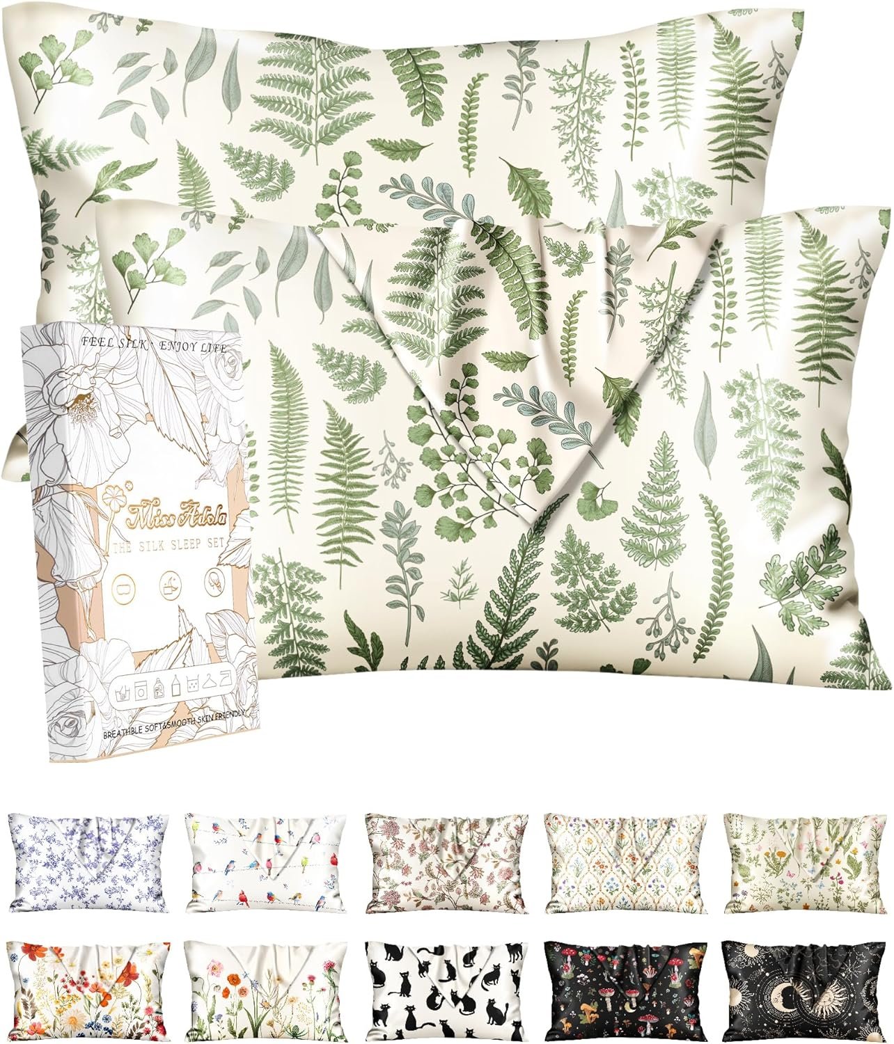 Miss Adola 2 Pack Silk Pillowcases – 20×26 Inch Standard Size Silk Pillow Cases with Hidden Zipper for Women Lady Smooth Soft Breathable Cooling Design Pillowcases for Hair and Skin, Green Leaf