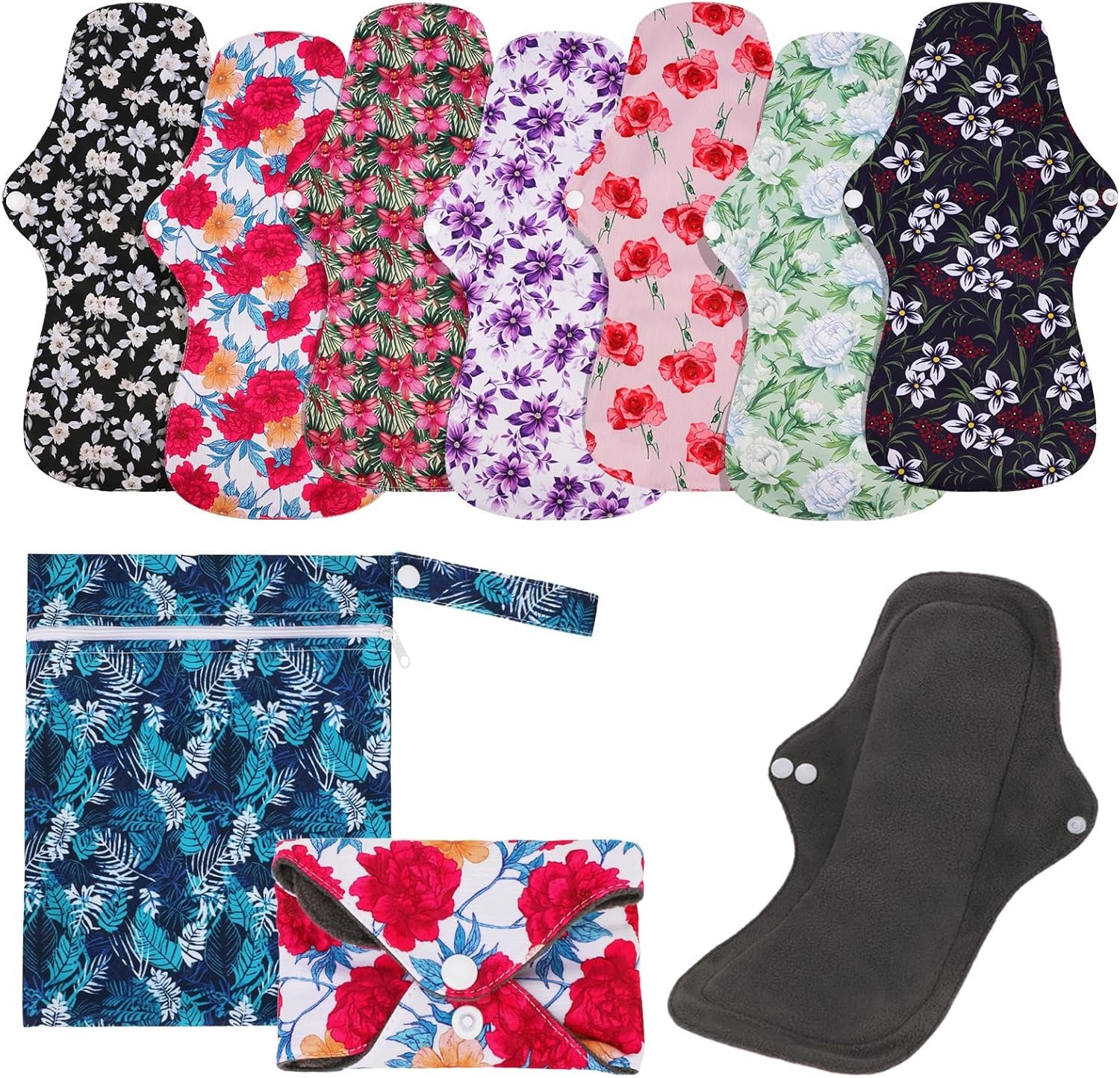 PHOGARY Reusable Menstrual Pads, Washable Overnight Cloth Panty Liners, 7pcs Bamboo Cloth Large Sanitary Pads for Heavy Flow with 1pc Wet Bag
