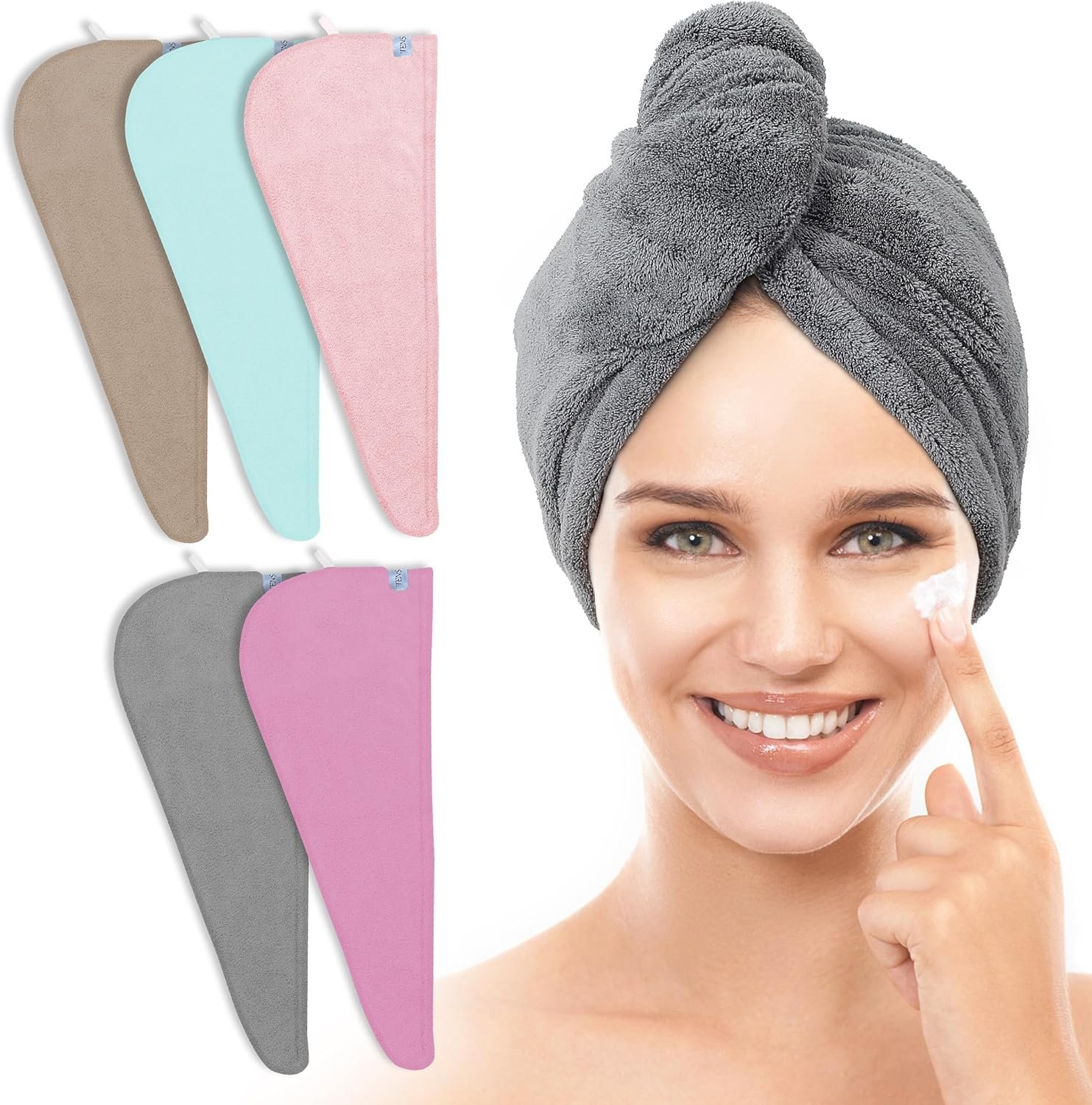 TENSTARS 5 Pack Thicken Microfiber Hair Towel Wrap for Women – Elastic Loop Design – 320GSM Coral Velvet – Quick Dry Hair Turban – 11×28 Inch (Grey+Pink+Brown+FrozenBlue+FrozenBerry)