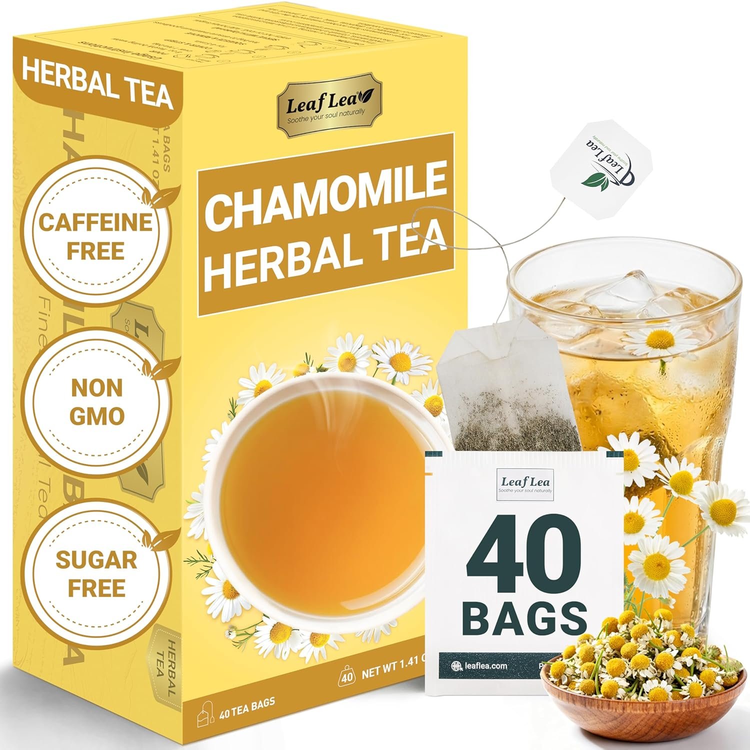 LeafLea 40 Chamomile Tea Bags, Herbal Tea from Chamomile Flowers, Gentle Floral Scent, Clean Smooth Finish, For Evening Wind-Down & Bedtime Routine, Caffeine-Free, Sugar-Free, Individually Wrapped