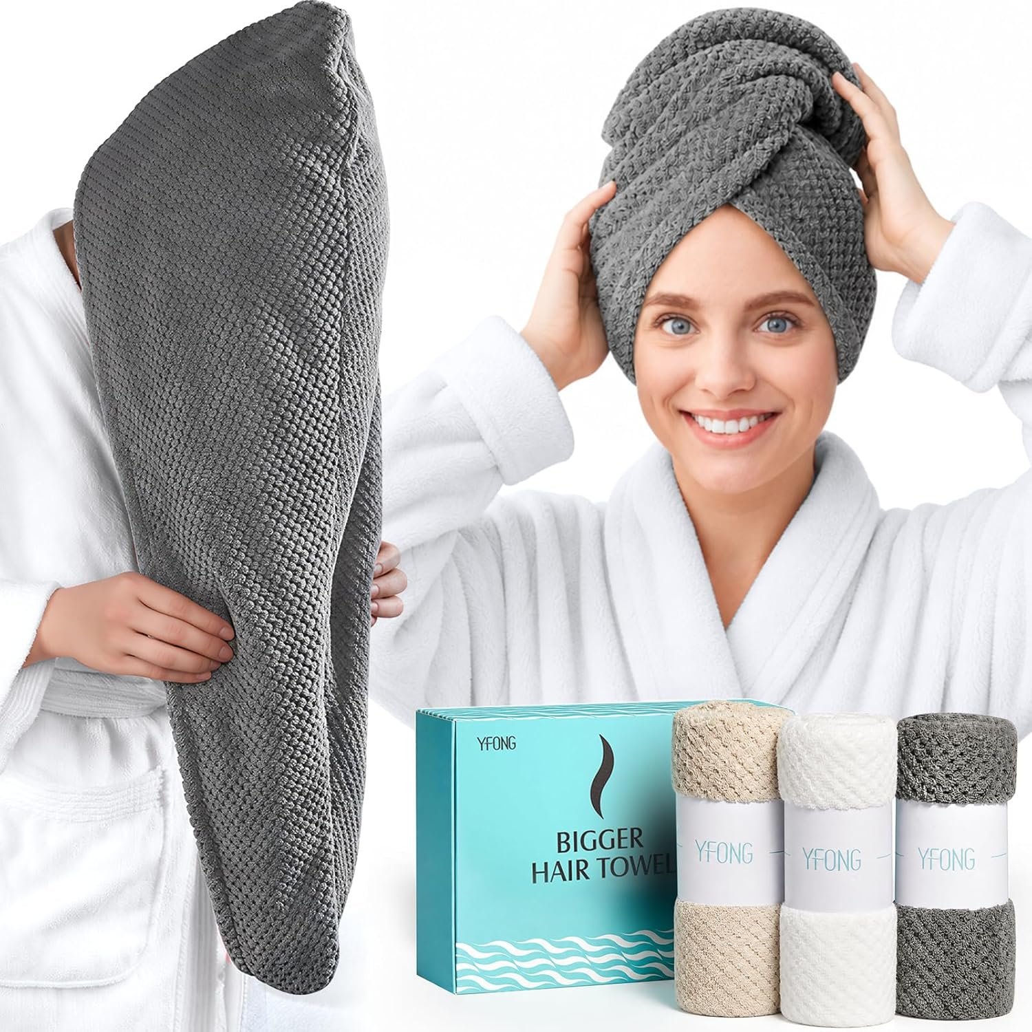 YFONG 3 Pack Large Microfiber Hair Towel Wrap, 30″ x 10″ Anti Frizz Quick Dry Hair Towels for Women Long, Curly, Thick Hair, Super Absorbent Hair Turban for Wet Hair (Grey, White, Camel)