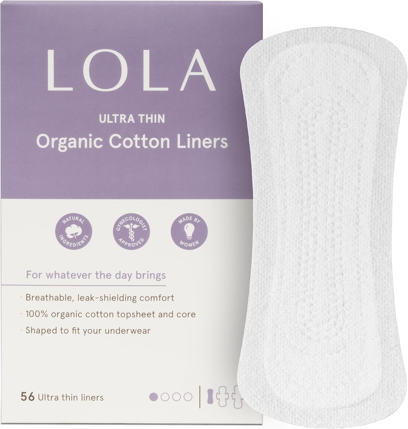 LOLA Ultra-Thin Cotton Panty Liners for Women – Hypoallergenic Panty Liners & Daily Light Pads – Unscented Organic Pads for Women – Pack of 56, 6.5 in