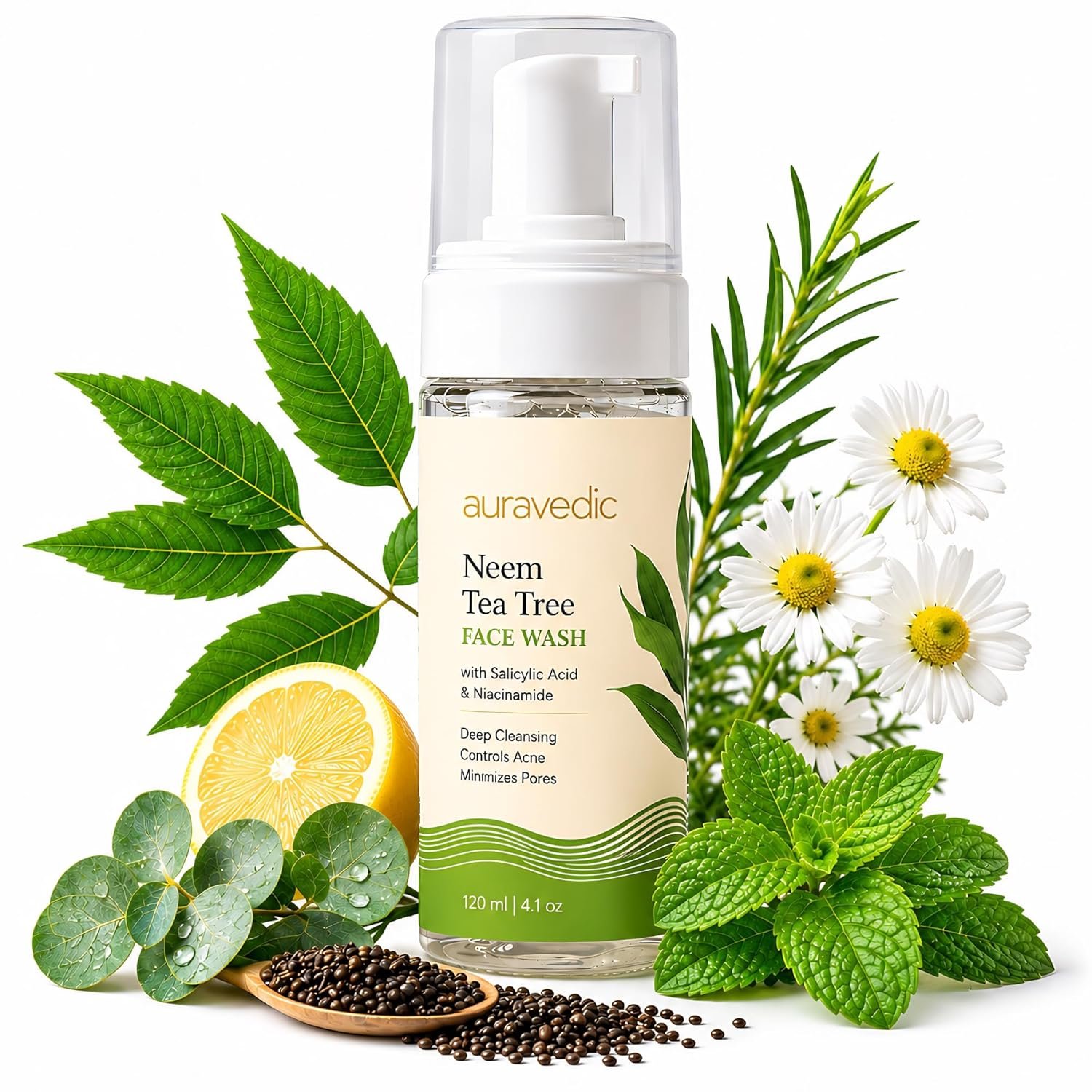 Auravedic Acne Face Wash with 2% Salicylic Acid, Neem & Tea Tree | Foaming Cleanser for Oily & Acne Prone Skin | Oil Control, Gentle Daily Cleanser for Men & Women | 4.06 Fl Oz (120ml)